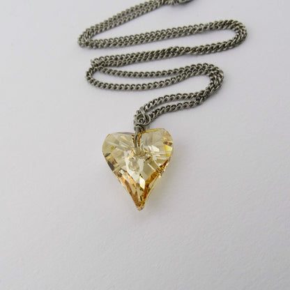 Golden Shadow Heart Titanium Necklace, Niobium Wire Wrapped Swarovski Crystal, Hypoallergenic Nickel Free Necklace For Sensitive Skin