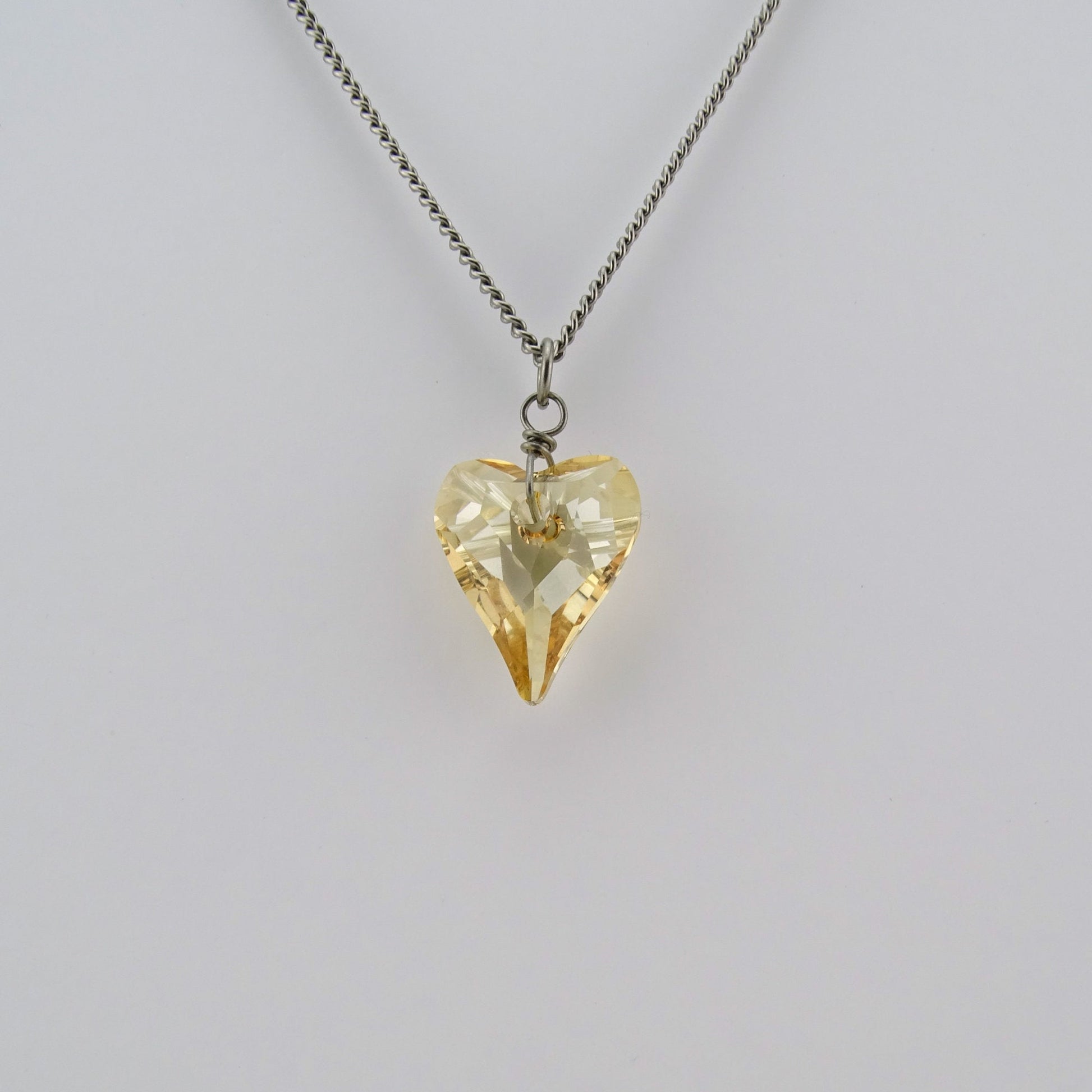 Golden Shadow Heart Titanium Necklace, Niobium Wire Wrapped Swarovski Crystal, Hypoallergenic Nickel Free Necklace For Sensitive Skin