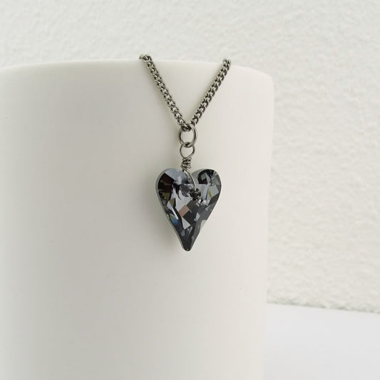 Silver Night Heart Titanium Necklace, Niobium Wire Wrapped Swarovski Crystal, Hypoallergenic Nickel Free Necklace For Sensitive Skin