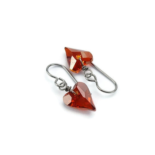 Red Heart Niobium Earrings, Wire Wrapped Niobium Earrings for Sensitive Ears, Magma Red Love Heart Hypoallergenic No Nickel Titanium Earring