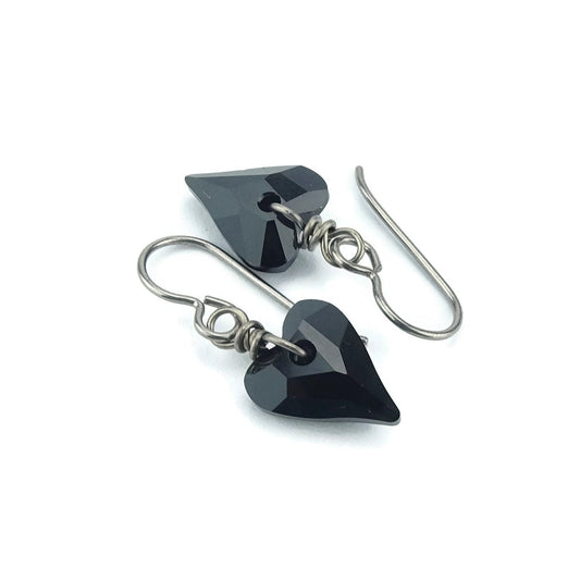 Black Heart Nickel Free Earrings, Jet Black Swarovski Crystal, Love Heart Niobium Earrings for Sensitive Ears, Hypoallergenic Titanium