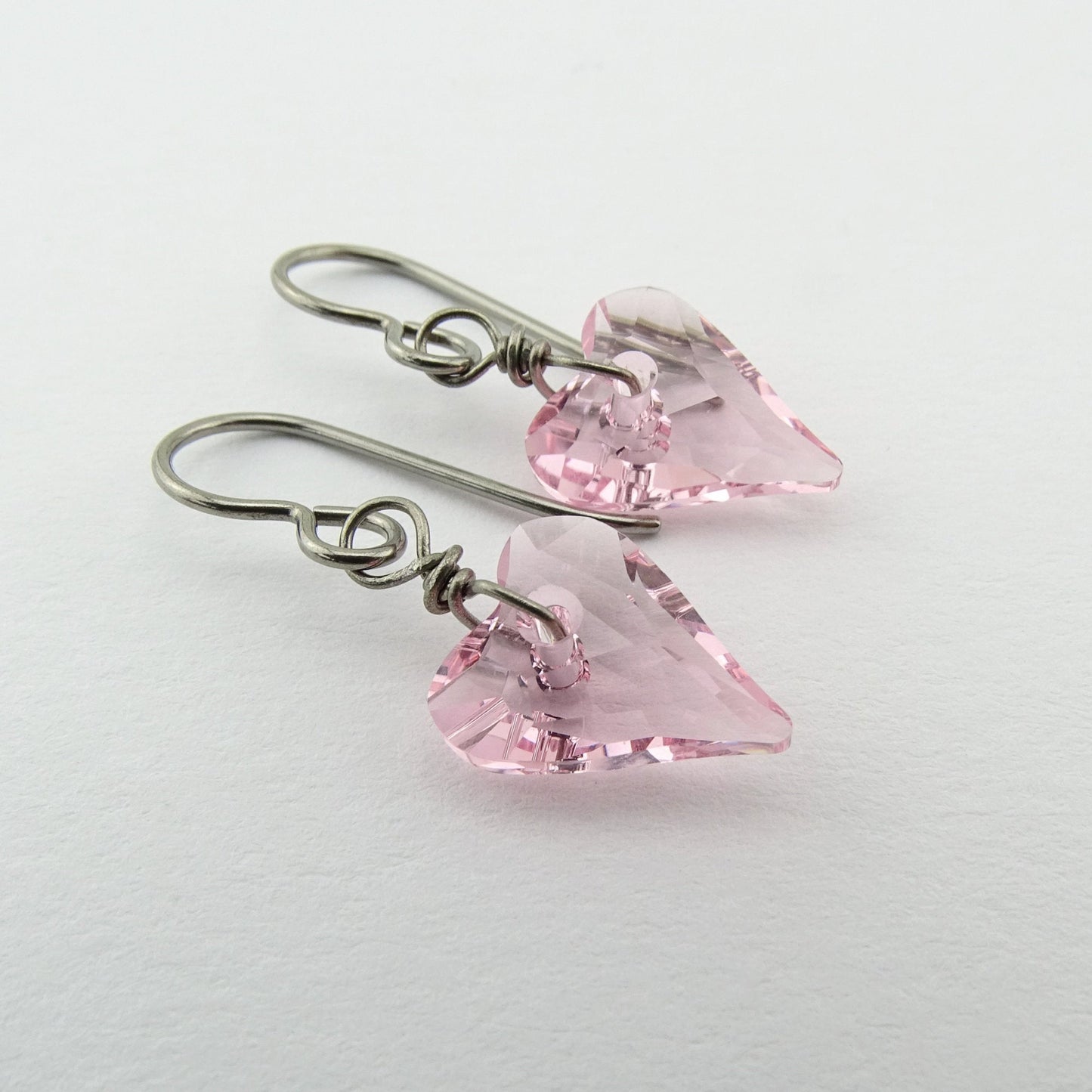 Pink Love Heart Titanium Earrings, Light Rose Heart Swarovski Crystal, Hypoallergenic Nickel Free Niobium Earrings for Sensitive Ears