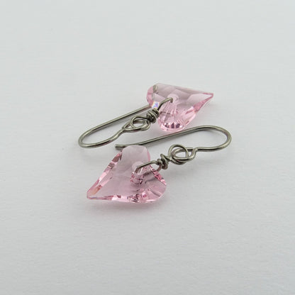 Pink Love Heart Titanium Earrings, Light Rose Heart Swarovski Crystal, Hypoallergenic Nickel Free Niobium Earrings for Sensitive Ears