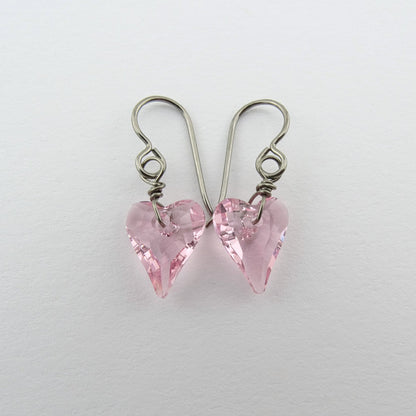 Pink Love Heart Titanium Earrings, Light Rose Heart Swarovski Crystal, Hypoallergenic Nickel Free Niobium Earrings for Sensitive Ears