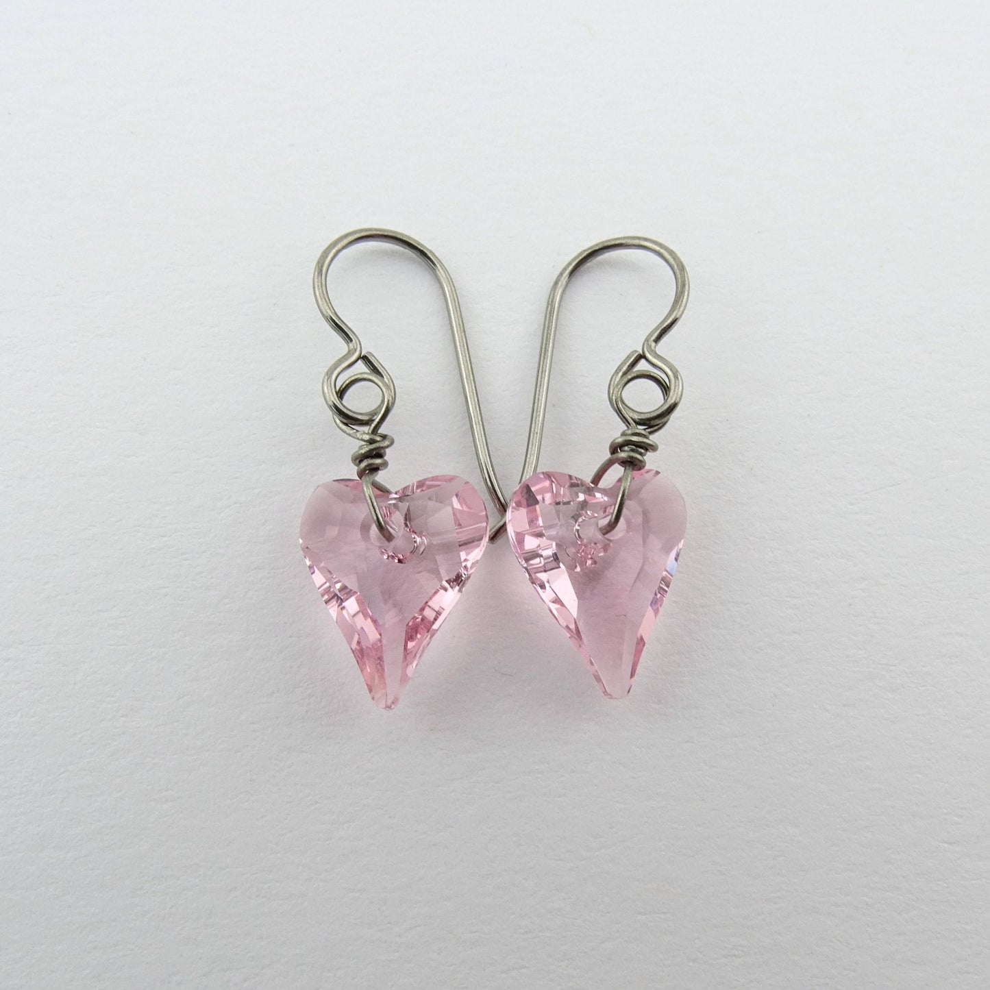 Pink Love Heart Titanium Earrings, Light Rose Heart Swarovski Crystal, Hypoallergenic Nickel Free Niobium Earrings for Sensitive Ears