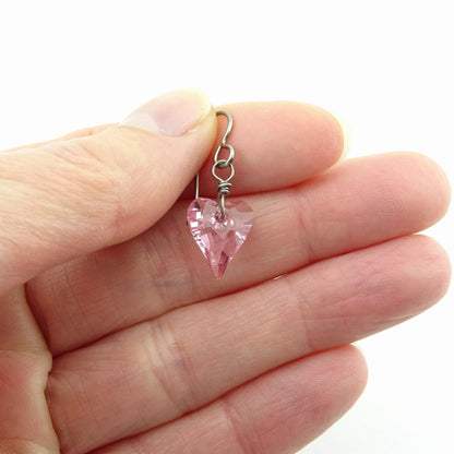 Pink Love Heart Titanium Earrings, Light Rose Heart Swarovski Crystal, Hypoallergenic Nickel Free Niobium Earrings for Sensitive Ears