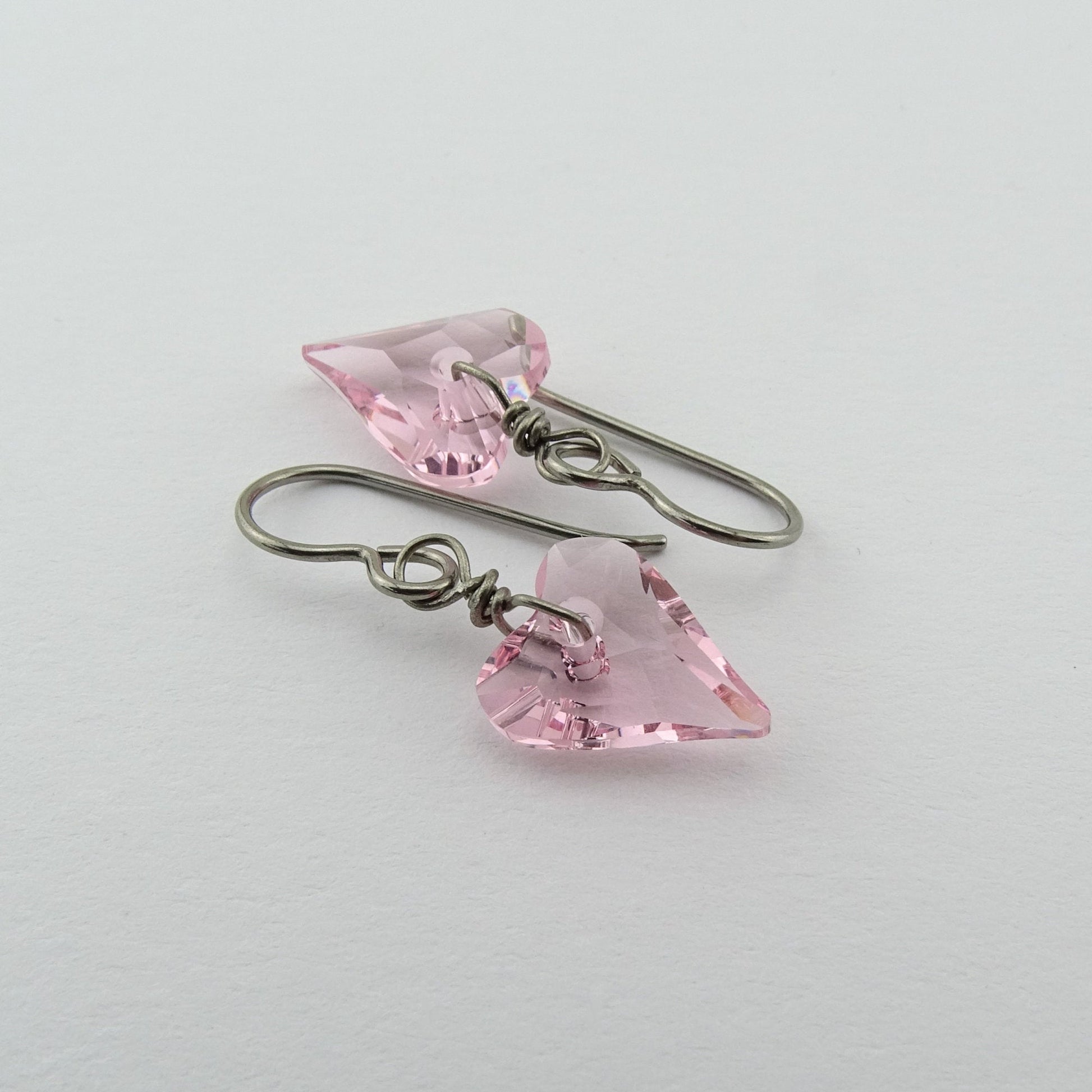 Pink Love Heart Titanium Earrings, Light Rose Heart Swarovski Crystal, Hypoallergenic Nickel Free Niobium Earrings for Sensitive Ears