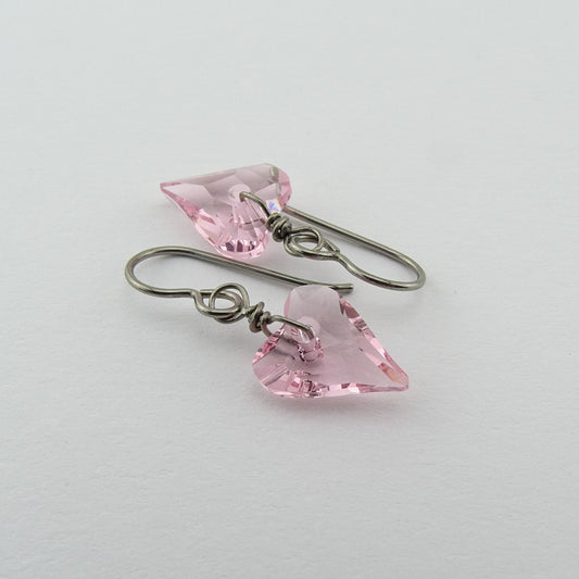 Pink Love Heart Titanium Earrings, Light Rose Heart Swarovski Crystal, Hypoallergenic Nickel Free Niobium Earrings for Sensitive Ears