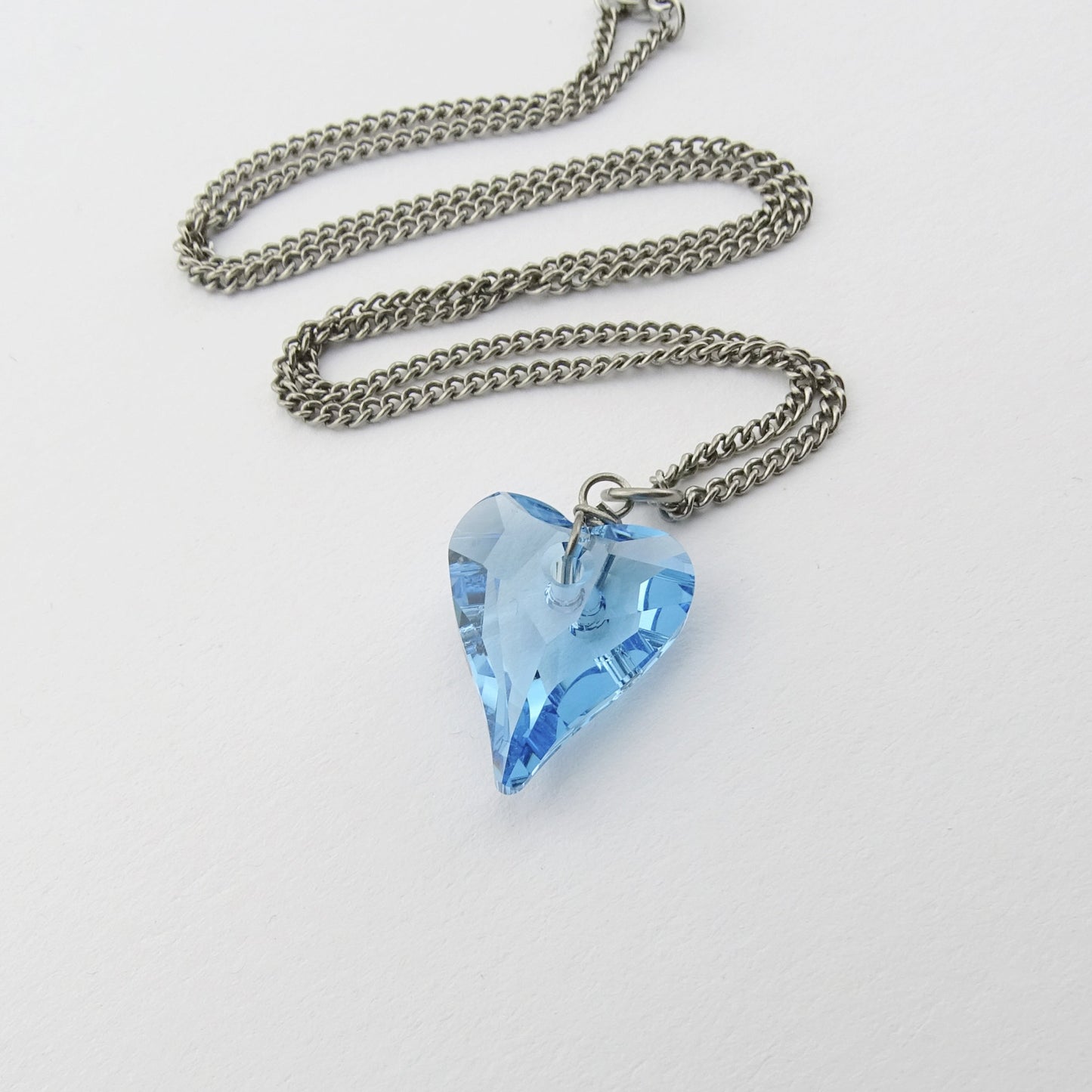 Aqua Blue Heart Titanium Necklace, Niobium Wire Wrapped Aquamarine Swarovski Crystal, Hypoallergenic Nickel Free Necklace For Sensitive Skin