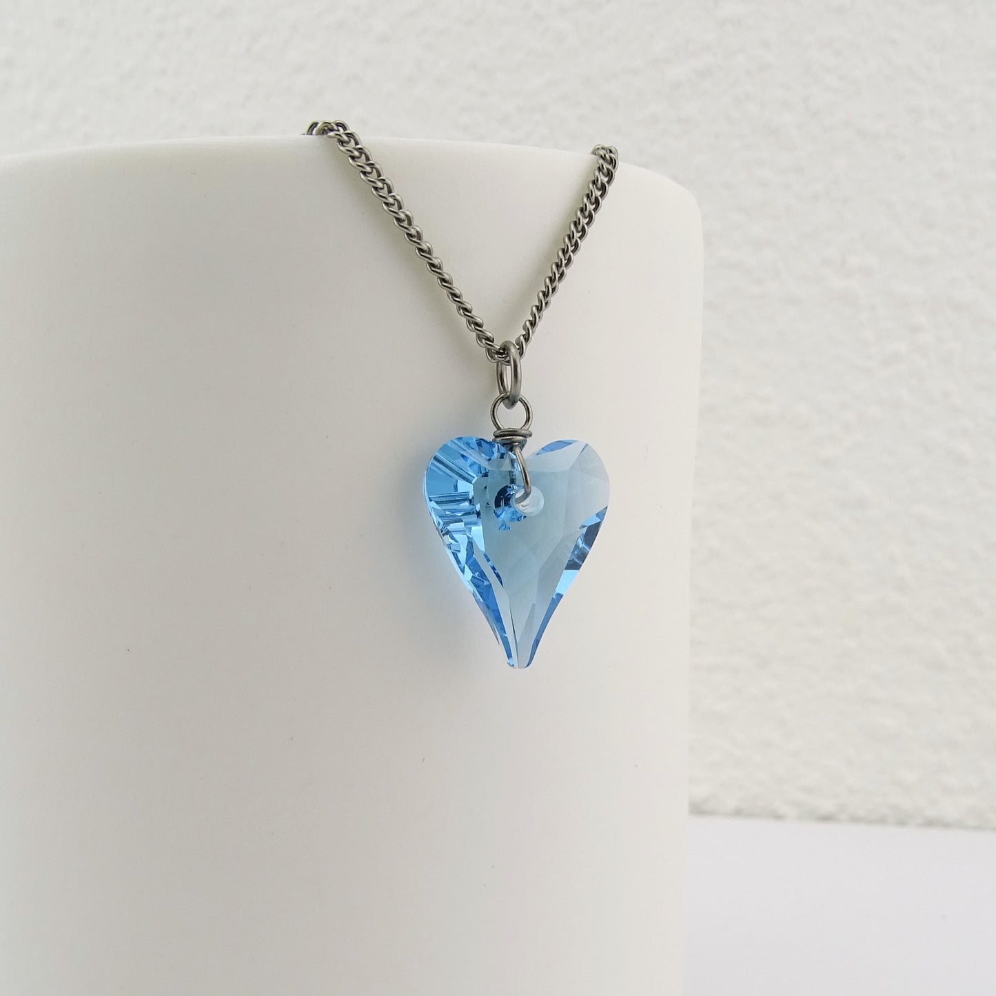 Aqua Blue Heart Titanium Necklace, Niobium Wire Wrapped Aquamarine Swarovski Crystal, Hypoallergenic Nickel Free Necklace For Sensitive Skin