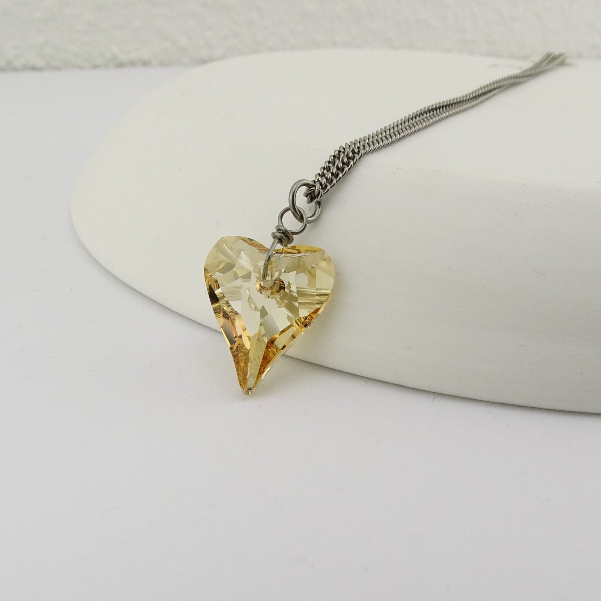 Golden Shadow Heart Titanium Necklace, Niobium Wire Wrapped Swarovski Crystal, Hypoallergenic Nickel Free Necklace For Sensitive Skin