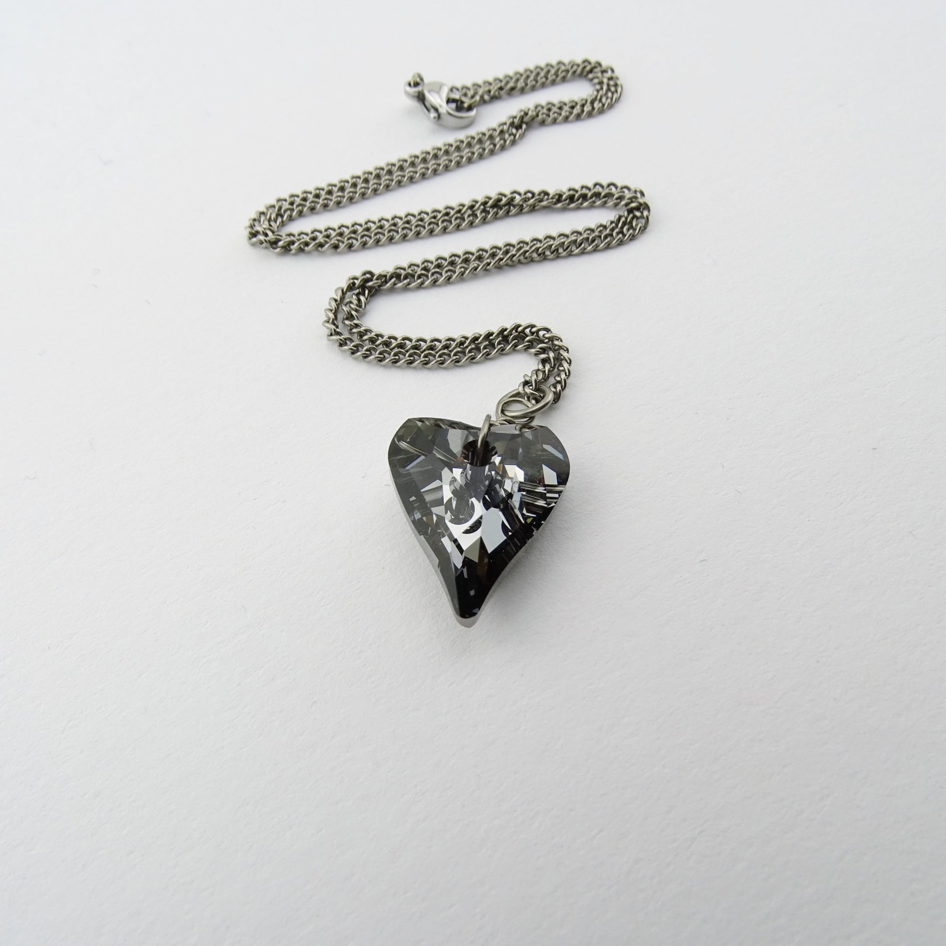 Silver Night Heart Titanium Necklace, Niobium Wire Wrapped Swarovski Crystal, Hypoallergenic Nickel Free Necklace For Sensitive Skin