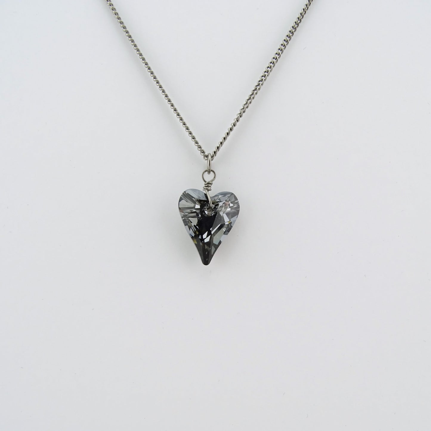 Silver Night Heart Titanium Necklace, Niobium Wire Wrapped Swarovski Crystal, Hypoallergenic Nickel Free Necklace For Sensitive Skin