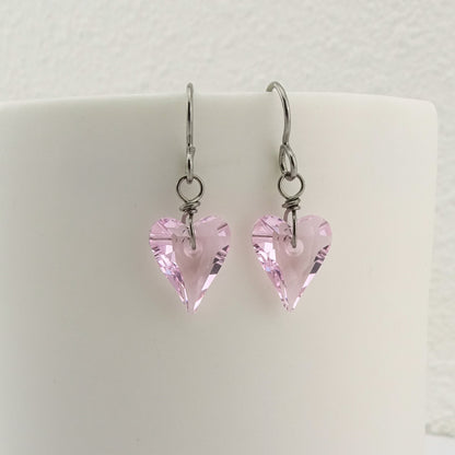 Rosaline Pink Heart Titanium Earrings, Love Heart Swarovski Crystal Niobium Earrings for Sensitive Ears, Hypoallergenic Nickel Free Earrings