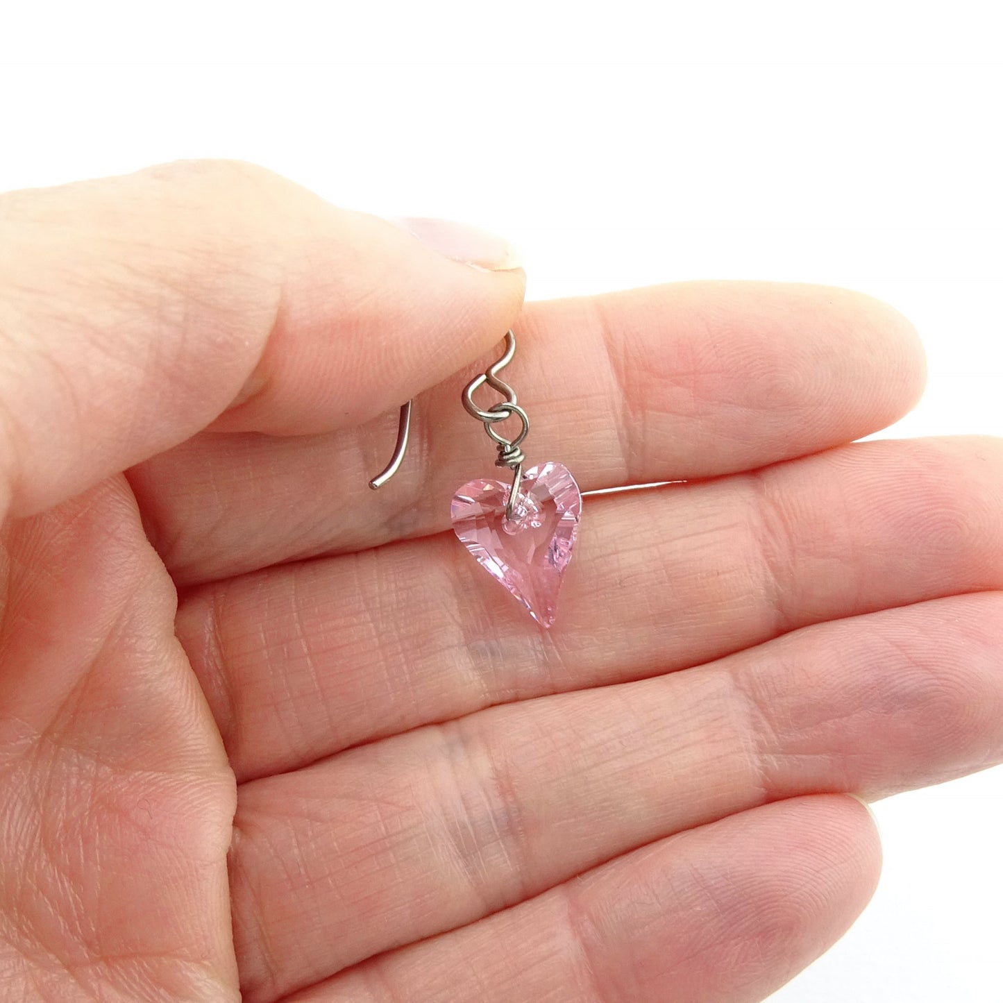 Rosaline Pink Heart Titanium Earrings, Love Heart Swarovski Crystal Niobium Earrings for Sensitive Ears, Hypoallergenic Nickel Free Earrings