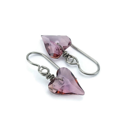 Antique Pink Heart Niobium Earrings, Light Purple Swarovski Crystal, Love Heart Hypoallergenic Nickel Free Titanium Sensitive Ears Earrings