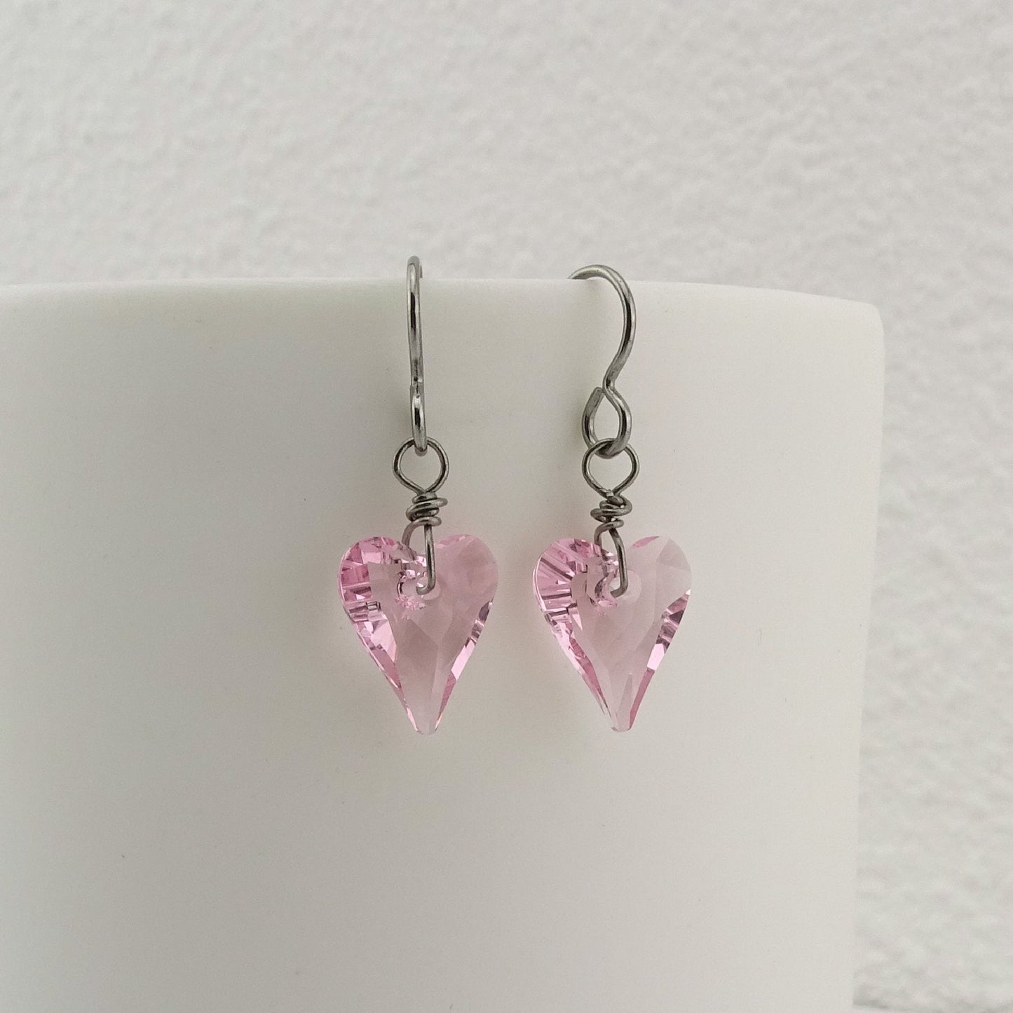Pink Love Heart Titanium Earrings, Light Rose Heart Swarovski Crystal, Hypoallergenic Nickel Free Niobium Earrings for Sensitive Ears