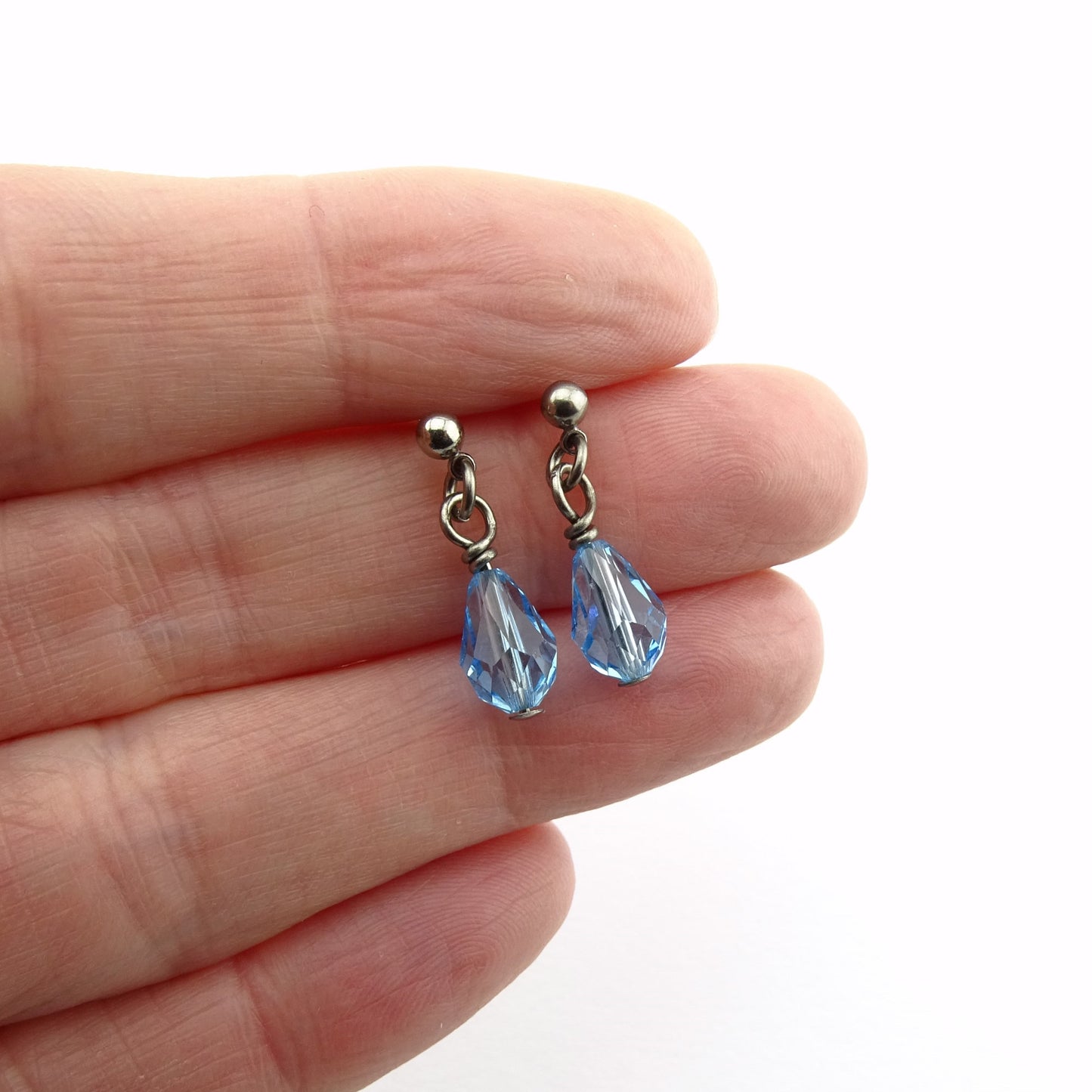 Aquamarine Teardrop Titanium Ball Stud Earrings, Aqua Blue Raindrop Swarovski Crystal, Hypoallergenic Nickel Free Sensitive Ears Earrings