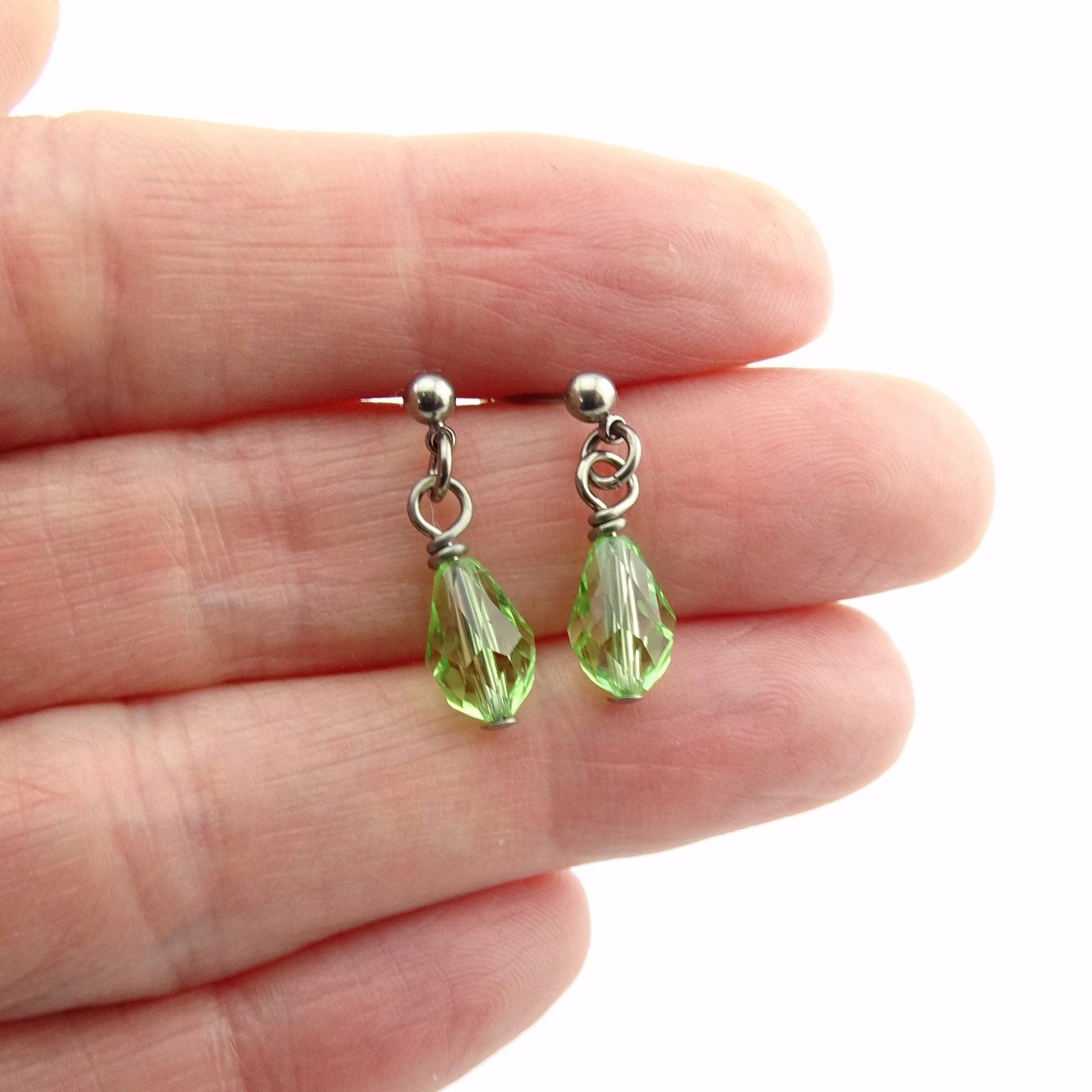 Peridot Green Drop Titanium Dangle Stud, Swarovski Crystal Teardrop Earrings, Hypoallergenic Nickel Free Titanium Sensitive Ears Earrings