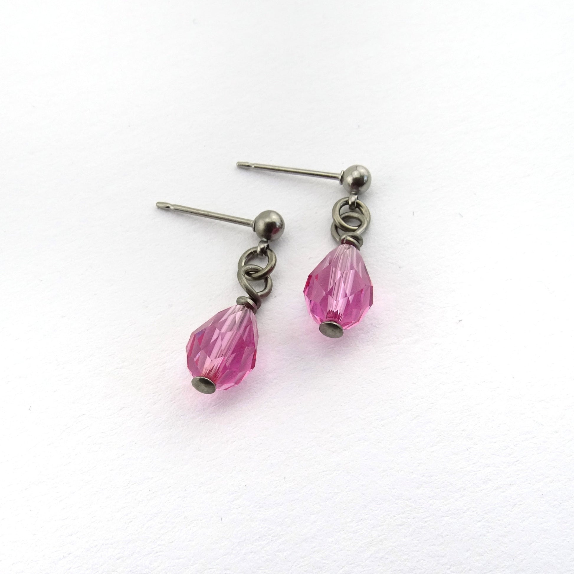 Rose Pink Teardrop Titanium Dangle Stud, Swarovski Crystal Drop Earrings, Hypoallergenic Nickel Free Titanium Earrings for Sensitive Ears