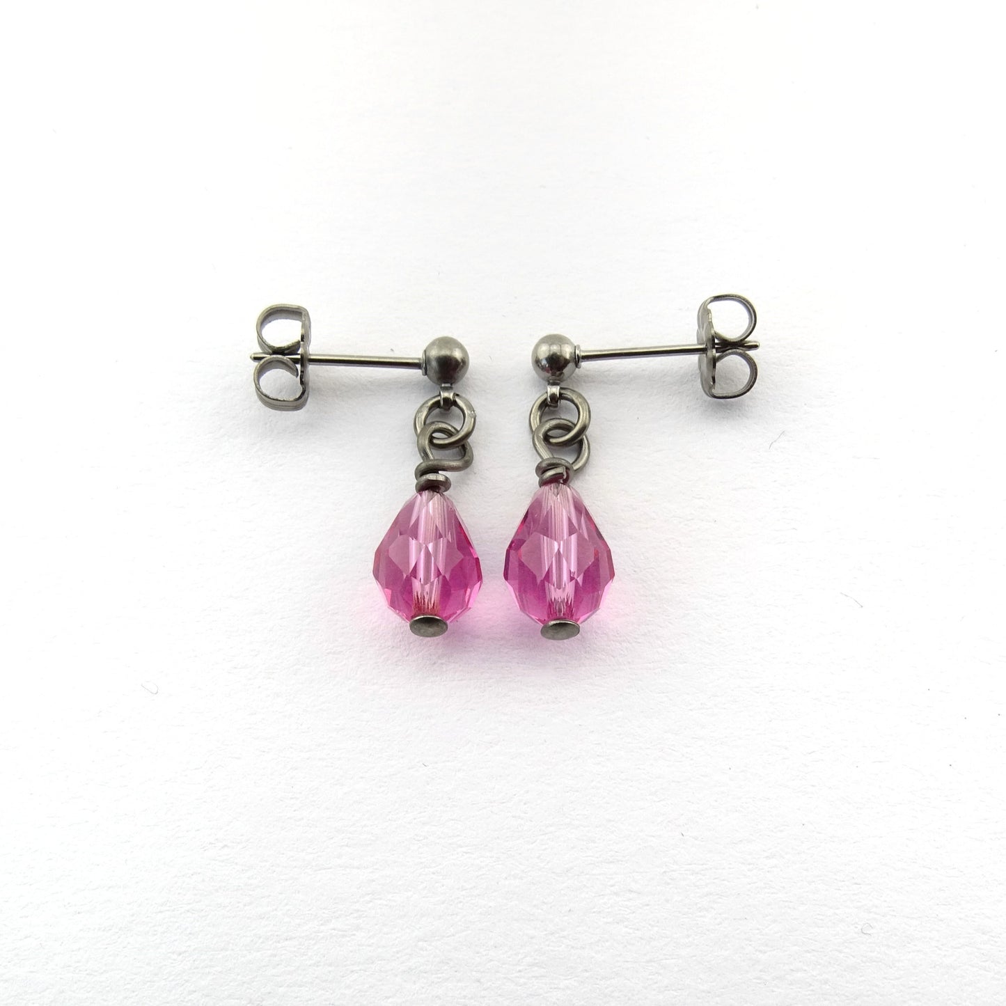 Rose Pink Teardrop Titanium Dangle Stud, Swarovski Crystal Drop Earrings, Hypoallergenic Nickel Free Titanium Earrings for Sensitive Ears