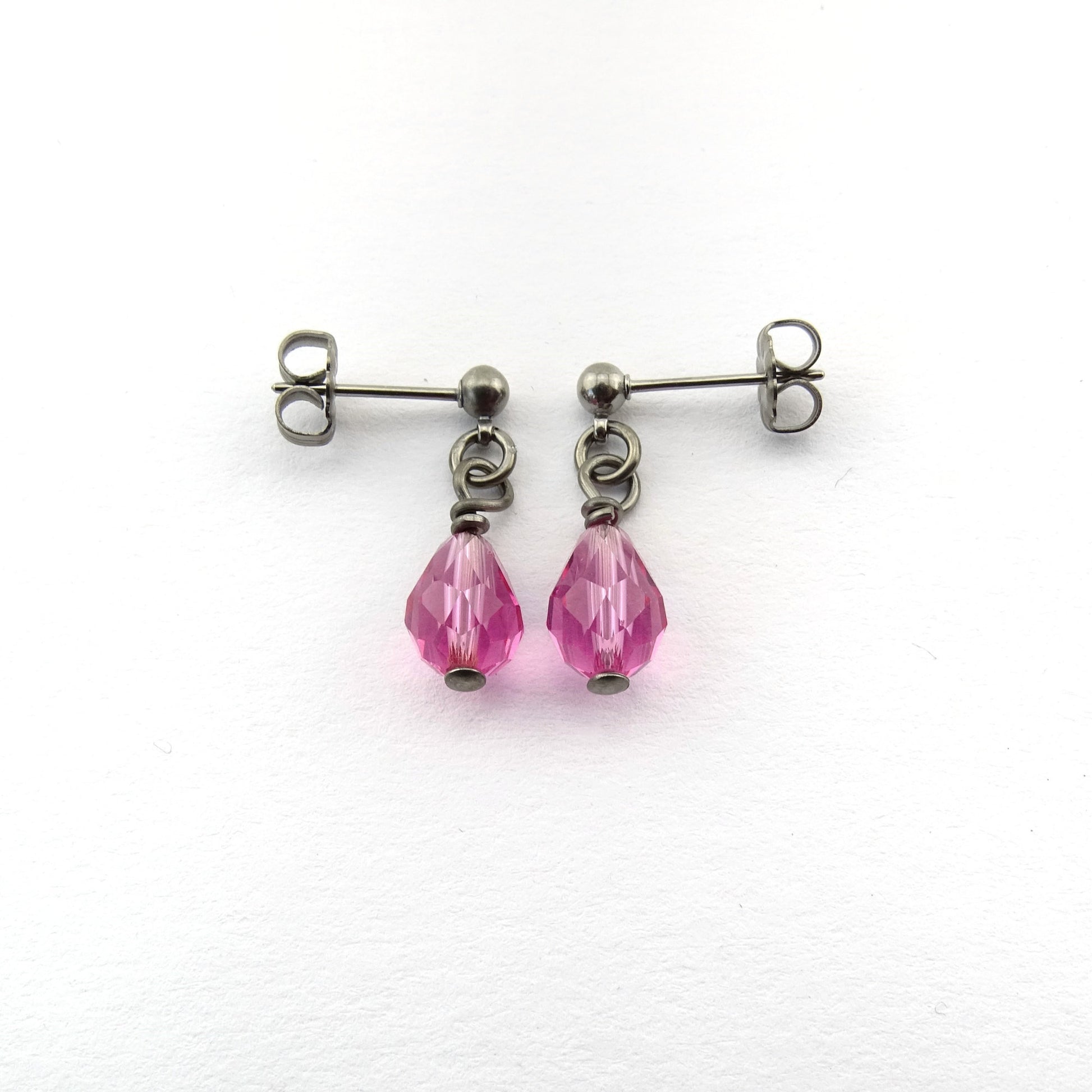 Rose Pink Teardrop Titanium Dangle Stud, Swarovski Crystal Drop Earrings, Hypoallergenic Nickel Free Titanium Earrings for Sensitive Ears