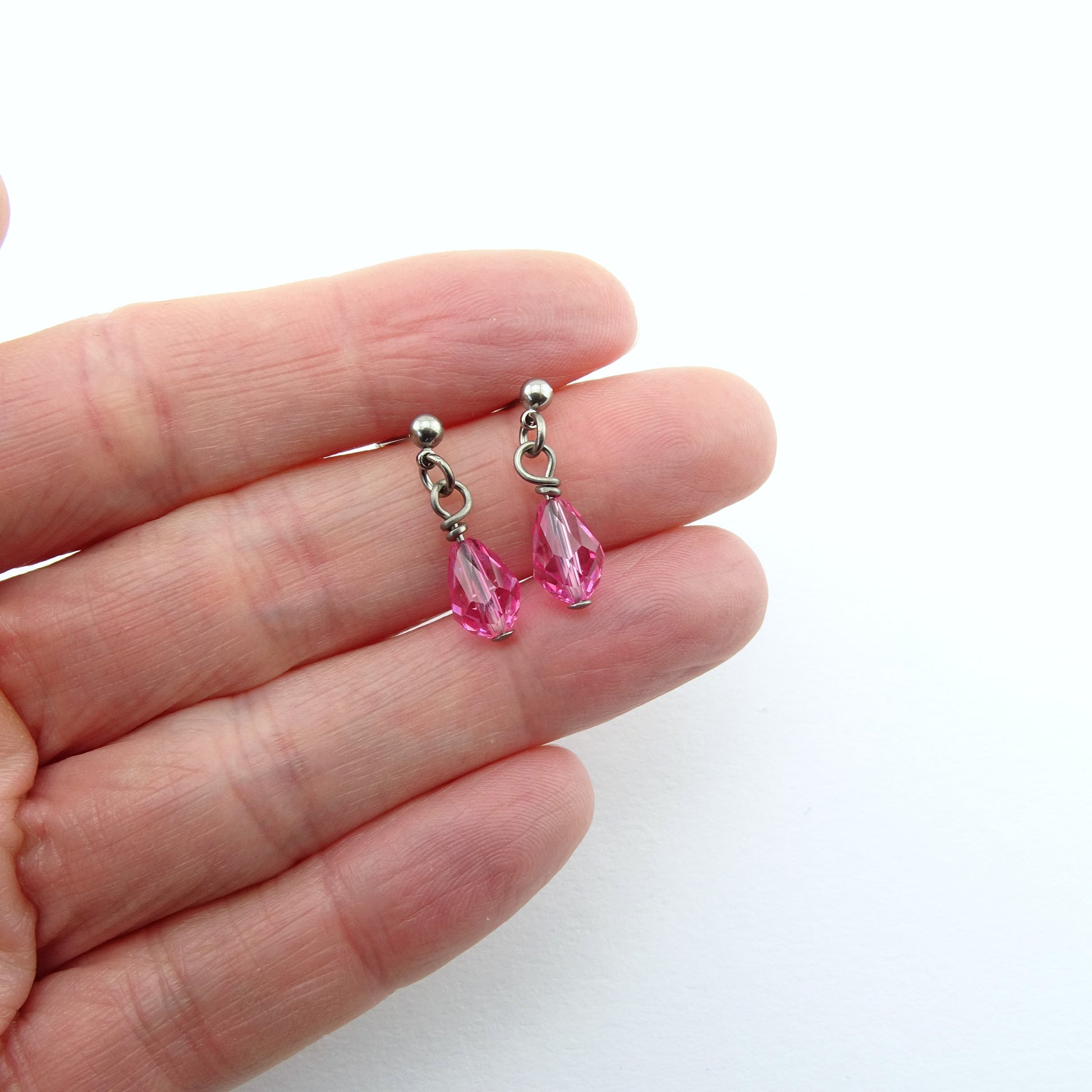 Rose Pink Teardrop Titanium Dangle Stud, Swarovski Crystal Drop Earrings, Hypoallergenic Nickel Free Titanium Earrings for Sensitive Ears