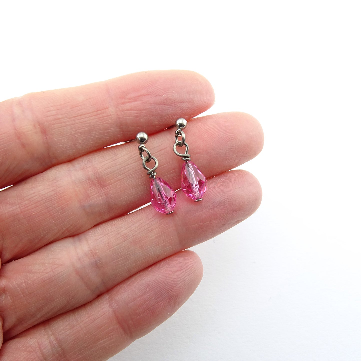 Rose Pink Teardrop Titanium Dangle Stud, Swarovski Crystal Drop Earrings, Hypoallergenic Nickel Free Titanium Earrings for Sensitive Ears