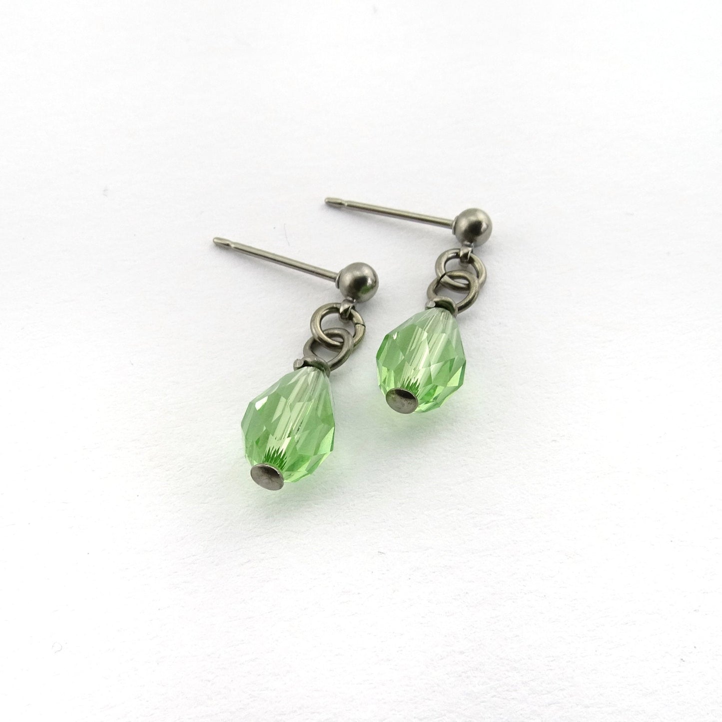 Peridot Green Drop Titanium Dangle Stud, Swarovski Crystal Teardrop Earrings, Hypoallergenic Nickel Free Titanium Sensitive Ears Earrings