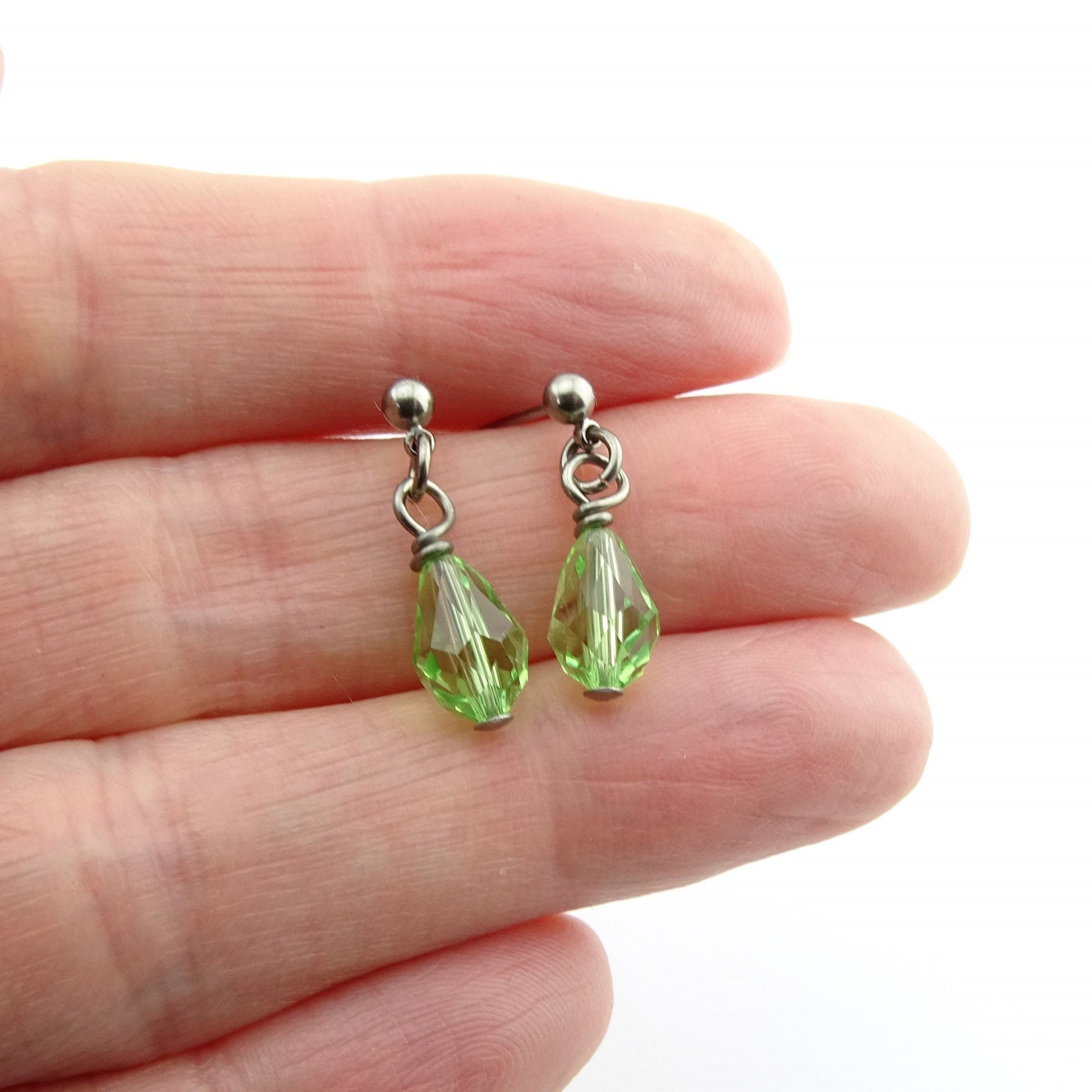 Peridot Green Drop Titanium Dangle Stud, Swarovski Crystal Teardrop Earrings, Hypoallergenic Nickel Free Titanium Sensitive Ears Earrings