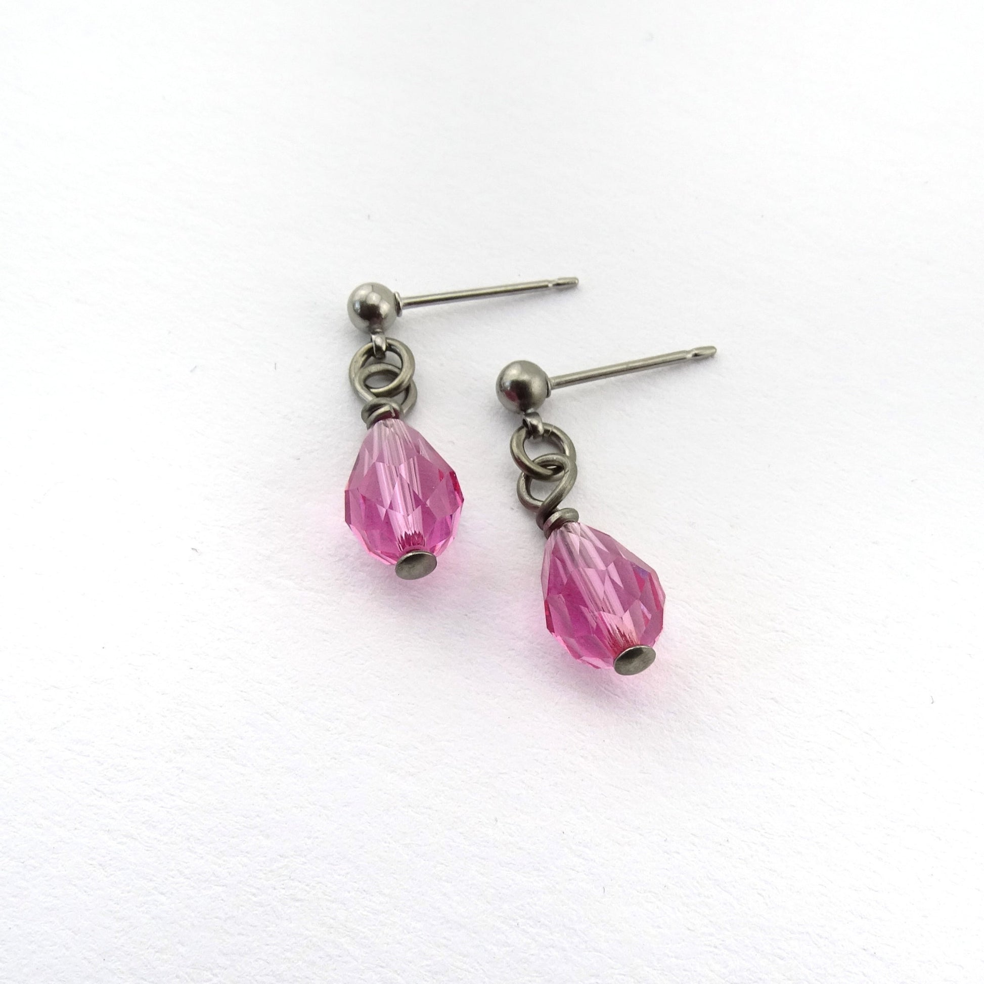 Rose Pink Teardrop Titanium Dangle Stud, Swarovski Crystal Drop Earrings, Hypoallergenic Nickel Free Titanium Earrings for Sensitive Ears