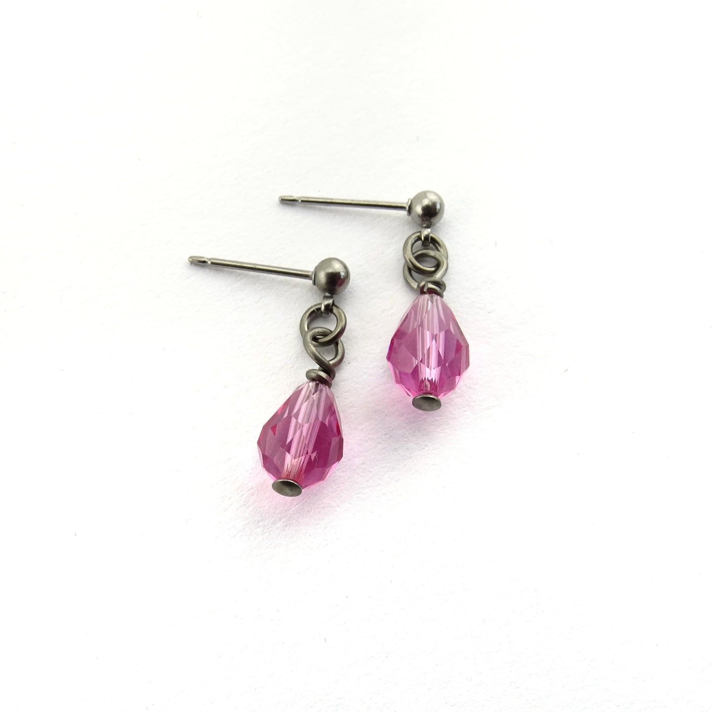 Rose Pink Teardrop Titanium Dangle Stud, Swarovski Crystal Drop Earrings, Hypoallergenic Nickel Free Titanium Earrings for Sensitive Ears