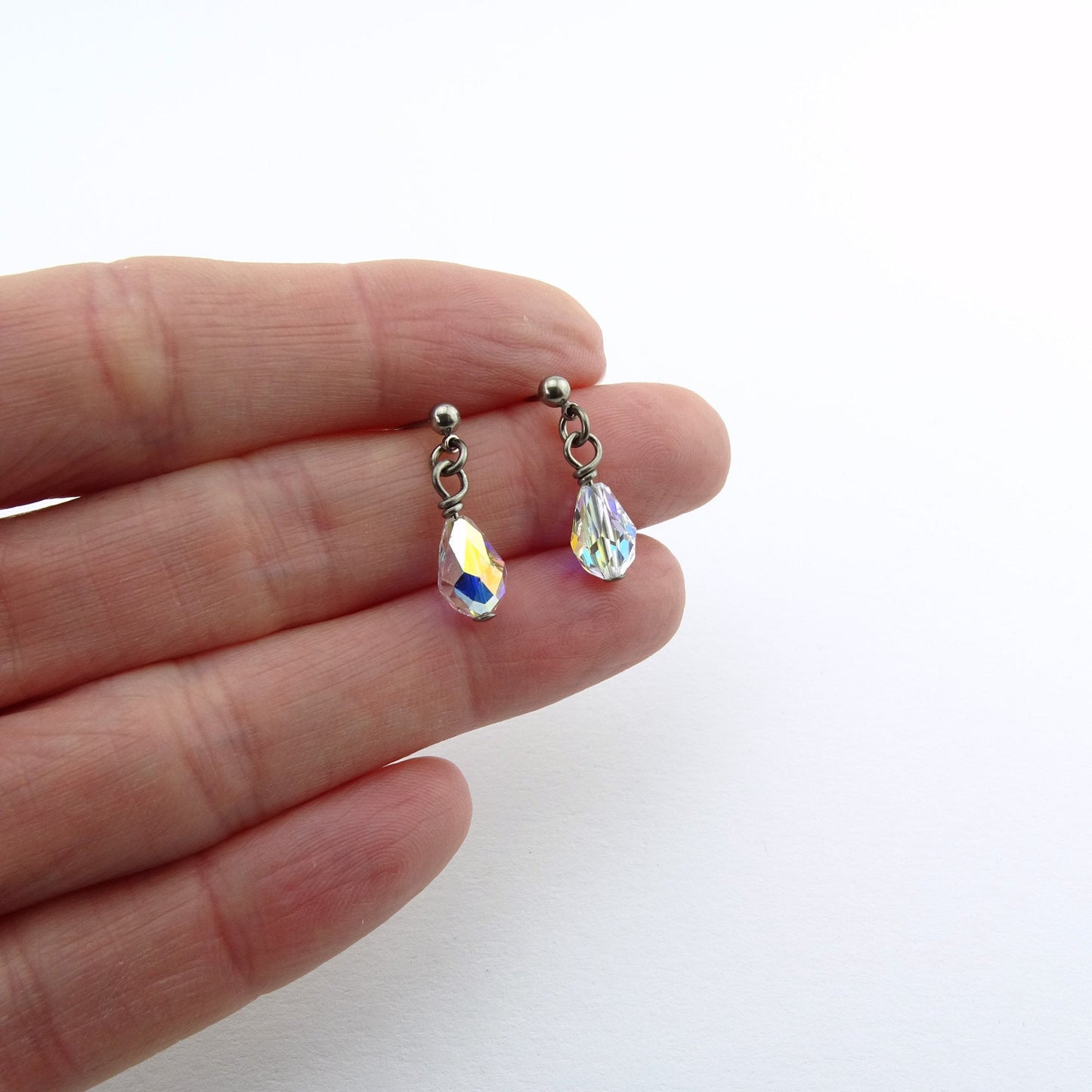 Aurora Borealis Drop Titanium Dangle Stud, Swarovski Crystal Teardrop Earrings, Hypoallergenic Nickel Free Titanium Sensitive Ears Earrings