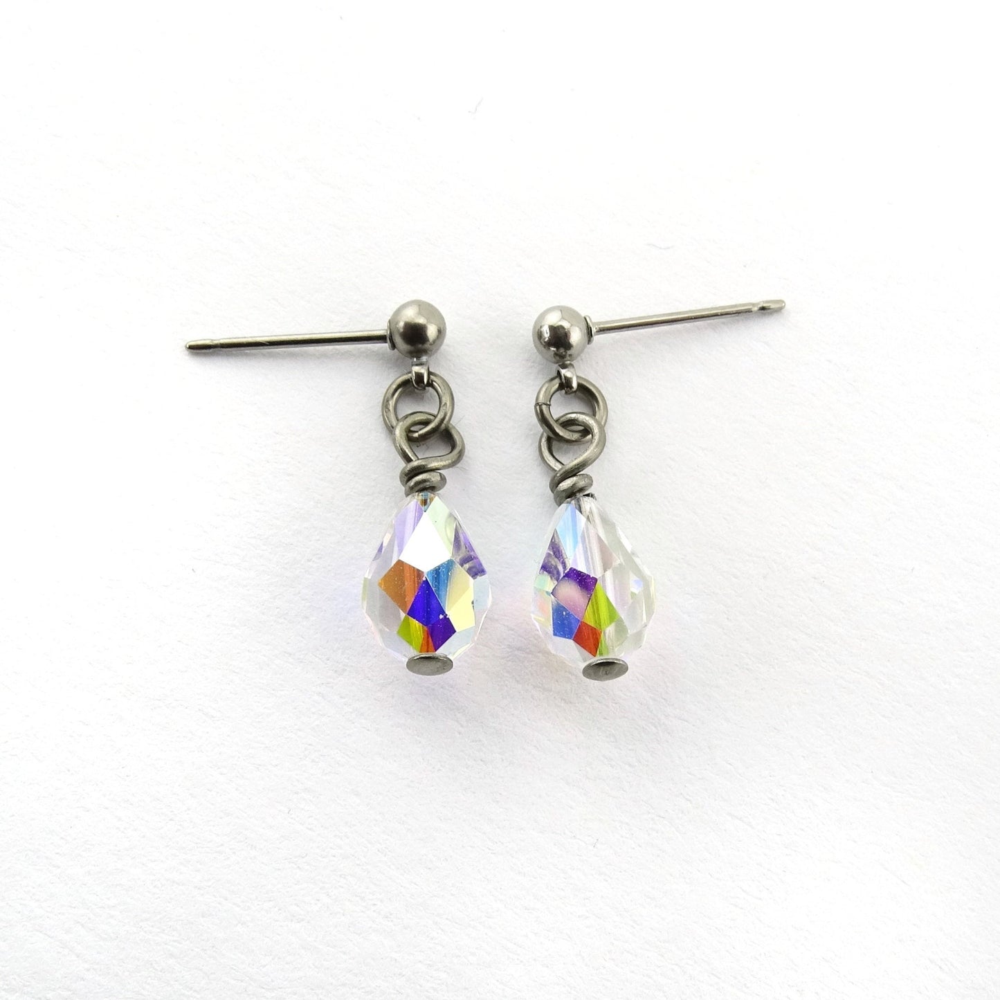 Aurora Borealis Drop Titanium Dangle Stud, Swarovski Crystal Teardrop Earrings, Hypoallergenic Nickel Free Titanium Sensitive Ears Earrings