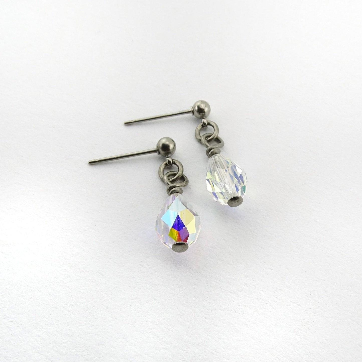 Aurora Borealis Drop Titanium Dangle Stud, Swarovski Crystal Teardrop Earrings, Hypoallergenic Nickel Free Titanium Sensitive Ears Earrings