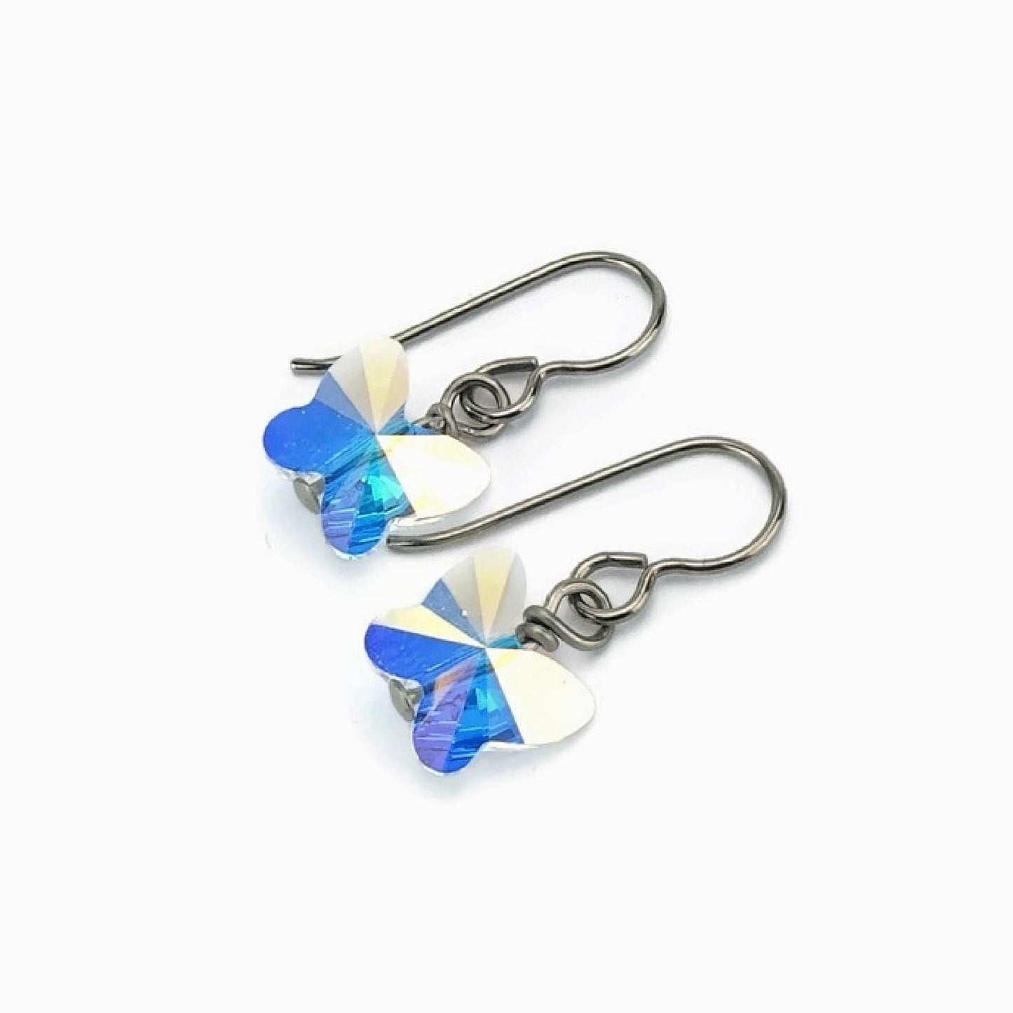 Titanium Earrings Aurora Borealis Crystal Butterfly, Clear Aurora Borealis Crystal Swarovski Butterfly Sensitive Ears Earrings for Girls