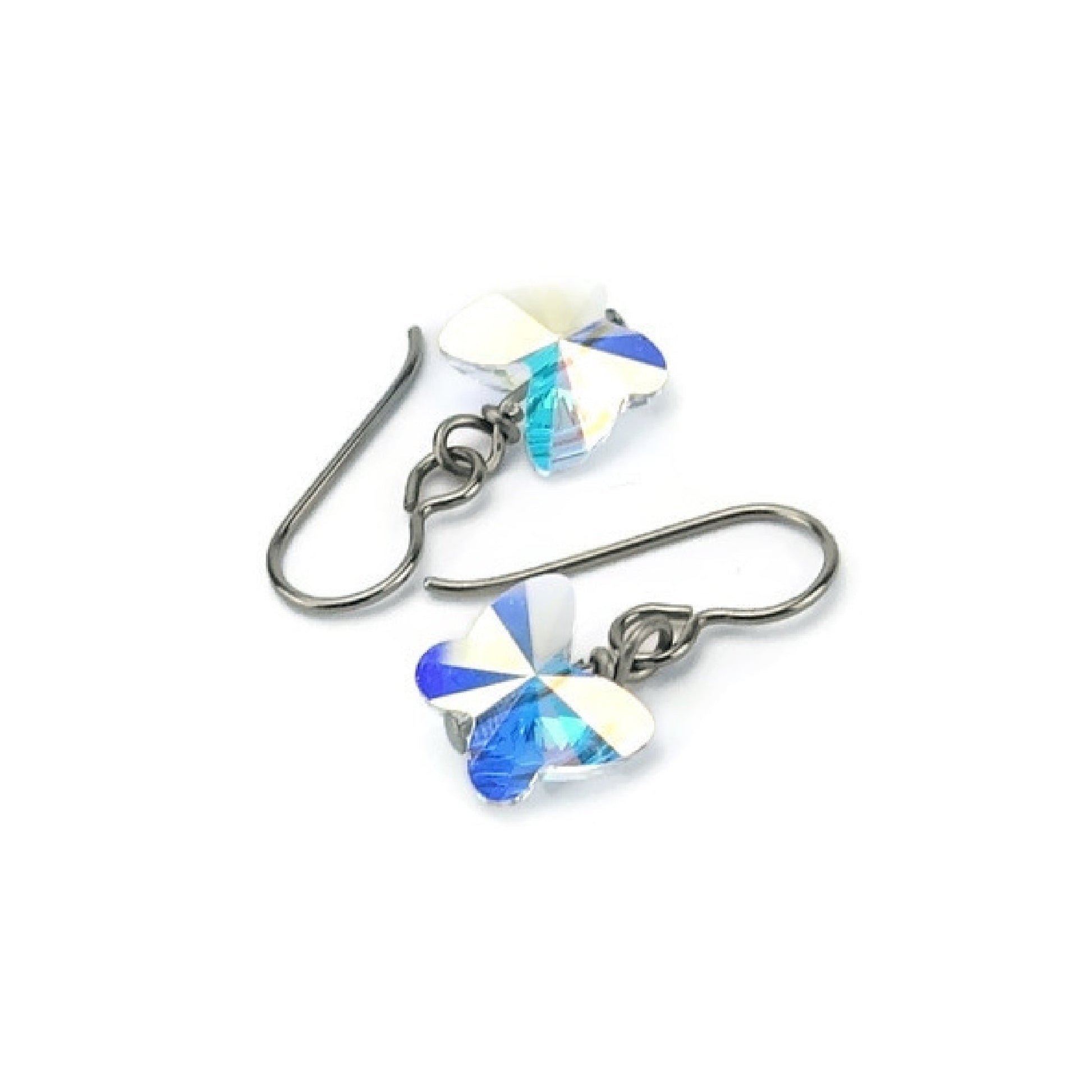 Titanium Earrings Aurora Borealis Crystal Butterfly, Clear Aurora Borealis Crystal Swarovski Butterfly Sensitive Ears Earrings for Girls