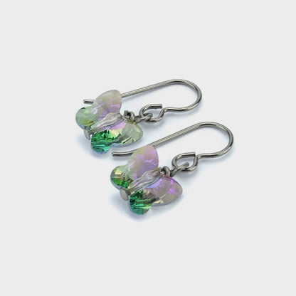 Purple Green Crystal Butterfly Titanium Earrings, Paradise Shine Swarovski Crystal Butterflies Niobium Sensitive Ears Earrings, Nickel Free