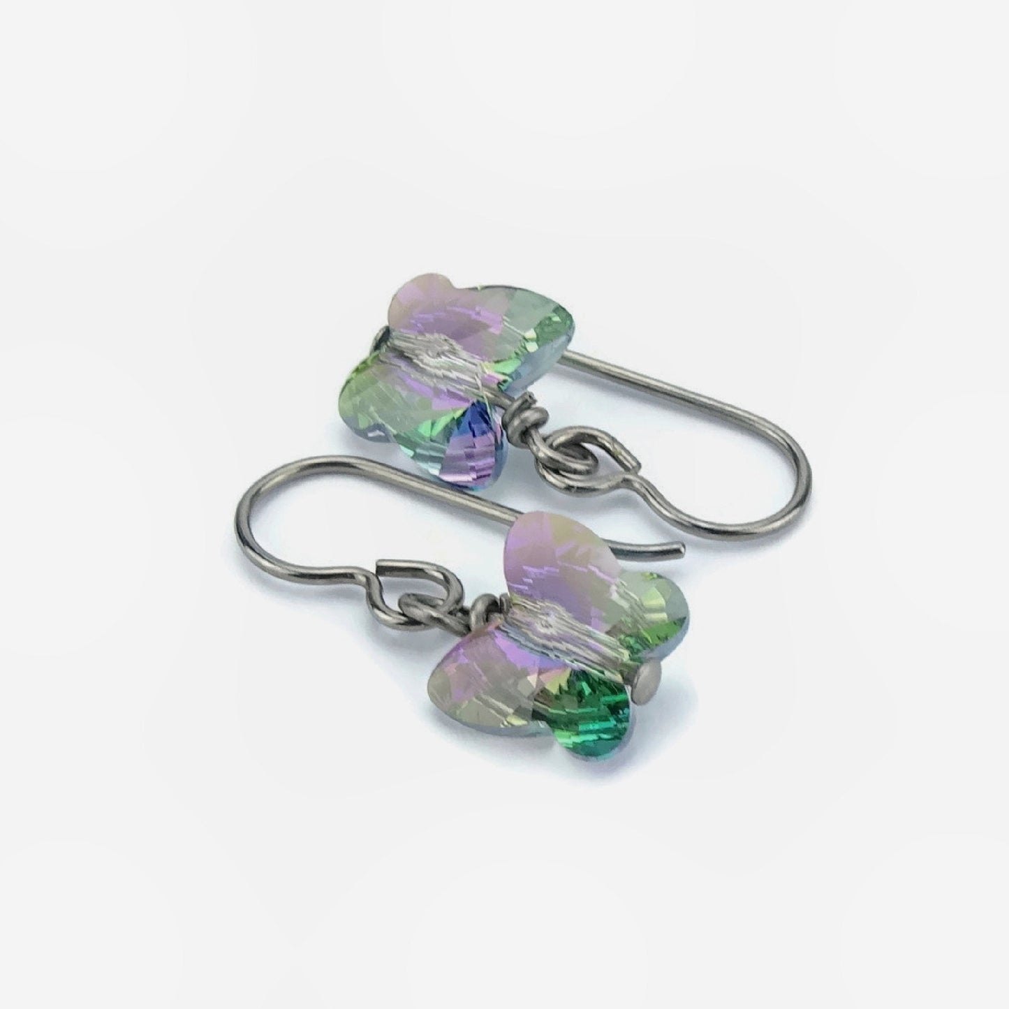 Purple Green Crystal Butterfly Titanium Earrings, Paradise Shine Swarovski Crystal Butterflies Niobium Sensitive Ears Earrings, Nickel Free