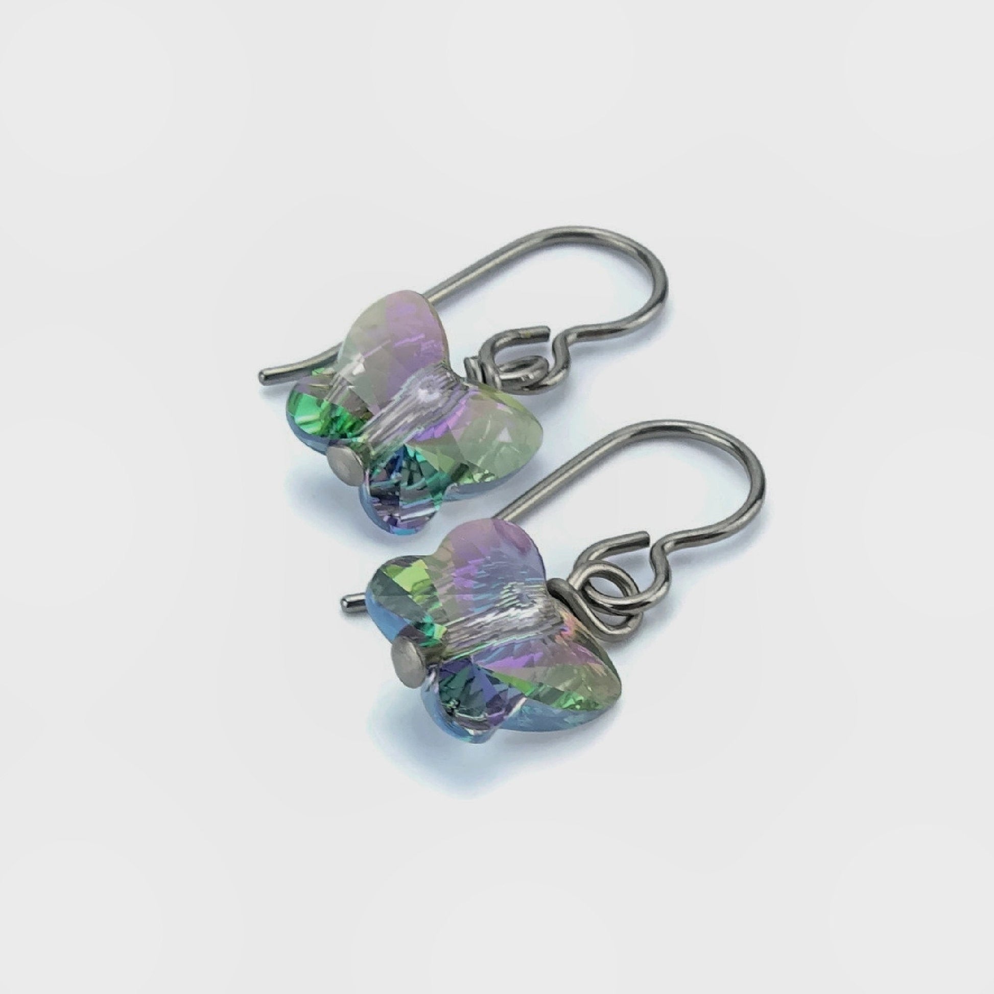 Purple Green Crystal Butterfly Titanium Earrings, Paradise Shine Swarovski Crystal Butterflies Niobium Sensitive Ears Earrings, Nickel Free