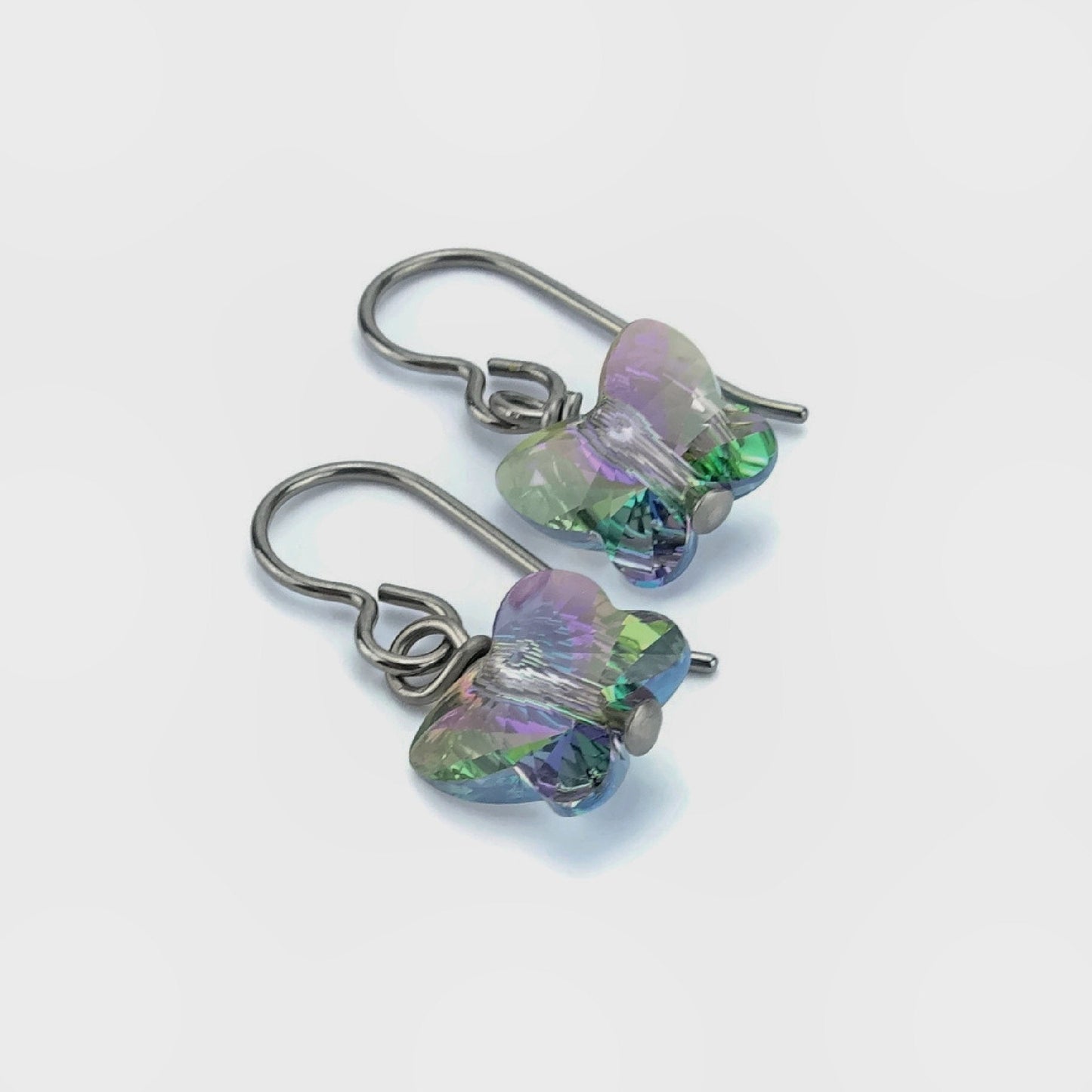 Purple Green Crystal Butterfly Titanium Earrings, Paradise Shine Swarovski Crystal Butterflies Niobium Sensitive Ears Earrings, Nickel Free
