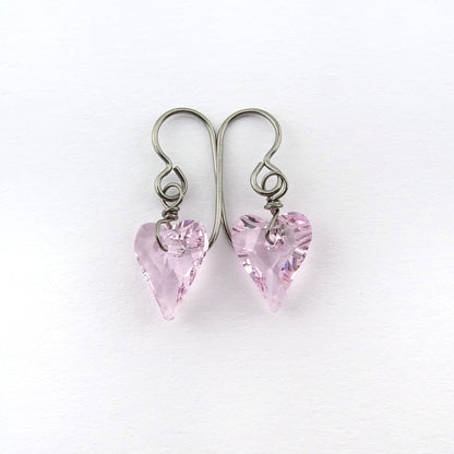 Rosaline Pink Heart Titanium Earrings, Love Heart Swarovski Crystal Niobium Earrings for Sensitive Ears, Hypoallergenic Nickel Free Earrings