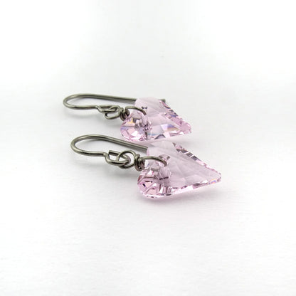 Rosaline Pink Heart Titanium Earrings, Love Heart Swarovski Crystal Niobium Earrings for Sensitive Ears, Hypoallergenic Nickel Free Earrings