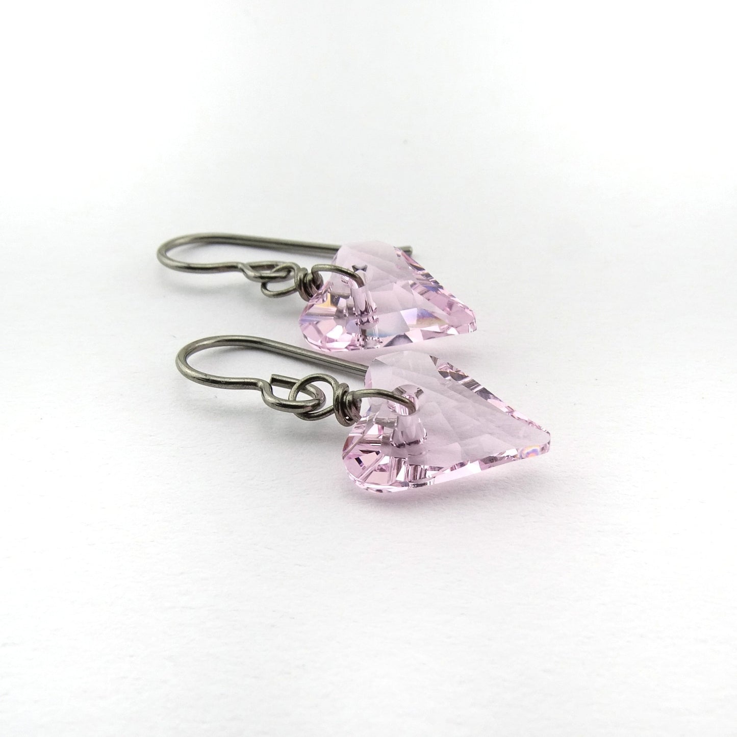 Rosaline Pink Heart Titanium Earrings, Love Heart Swarovski Crystal Niobium Earrings for Sensitive Ears, Hypoallergenic Nickel Free Earrings