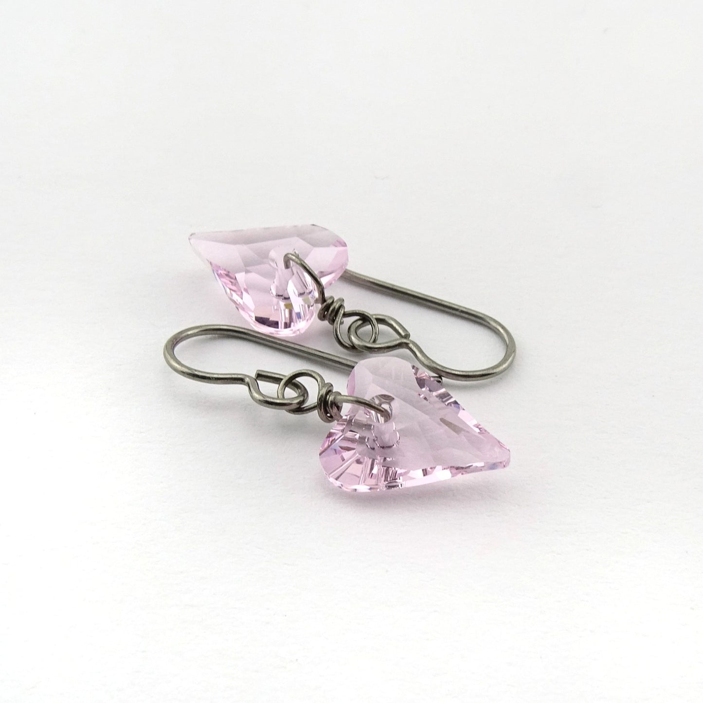 Rosaline Pink Heart Titanium Earrings, Love Heart Swarovski Crystal Niobium Earrings for Sensitive Ears, Hypoallergenic Nickel Free Earrings