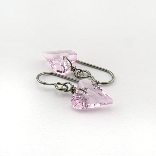 Rosaline Pink Heart Titanium Earrings, Love Heart Swarovski Crystal Niobium Earrings for Sensitive Ears, Hypoallergenic Nickel Free Earrings