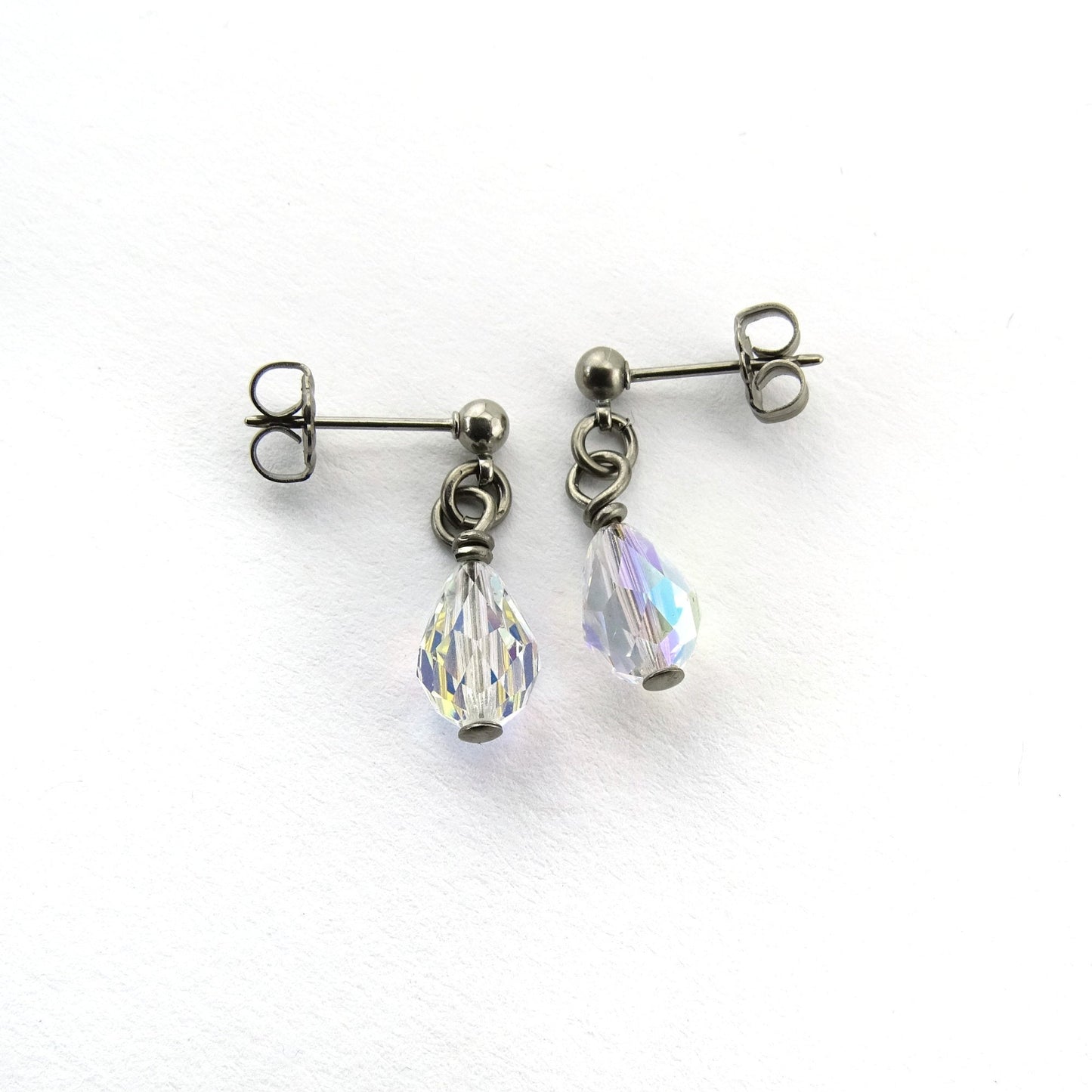 Aurora Borealis Drop Titanium Dangle Stud, Swarovski Crystal Teardrop Earrings, Hypoallergenic Nickel Free Titanium Sensitive Ears Earrings