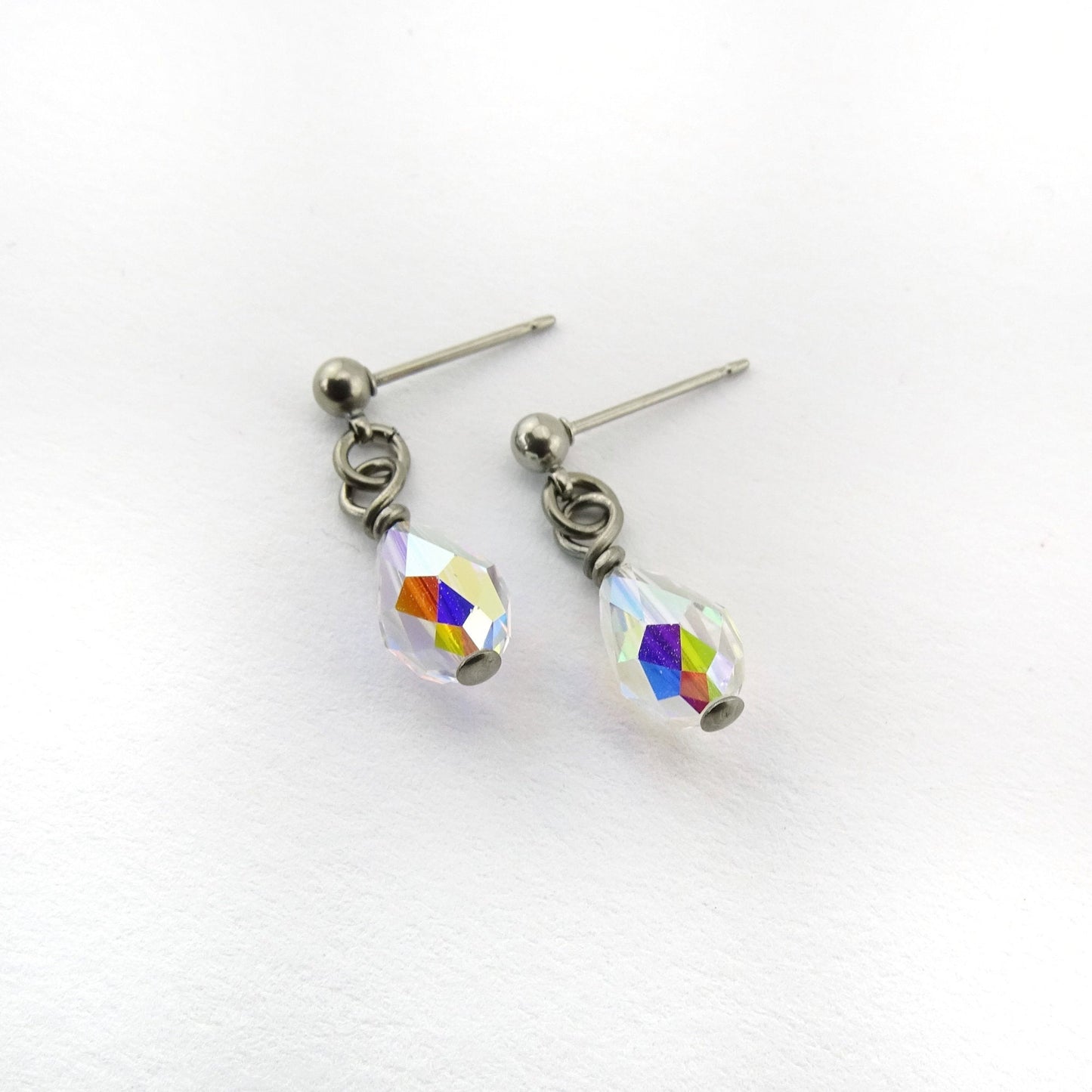 Aurora Borealis Drop Titanium Dangle Stud, Swarovski Crystal Teardrop Earrings, Hypoallergenic Nickel Free Titanium Sensitive Ears Earrings