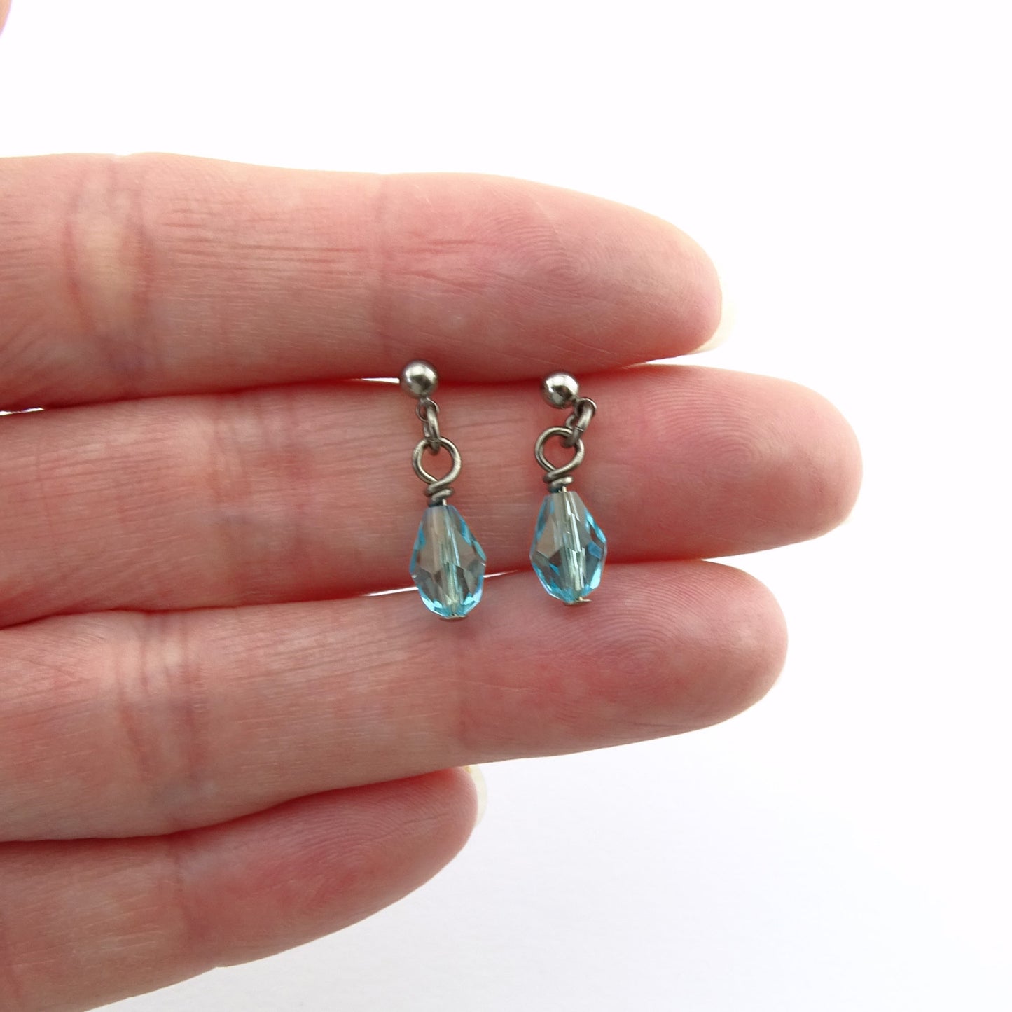 Light Turquoise Drop Titanium Ball Stud Earrings, Aqua Blue Teardrop Swarovski Crystal, Hypoallergenic Nickel Free Sensitive Ears Earrings