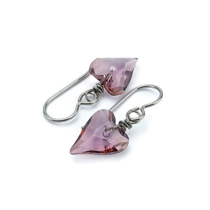 Antique Pink Heart Niobium Earrings, Light Purple Swarovski Crystal, Love Heart Hypoallergenic Nickel Free Titanium Sensitive Ears Earrings